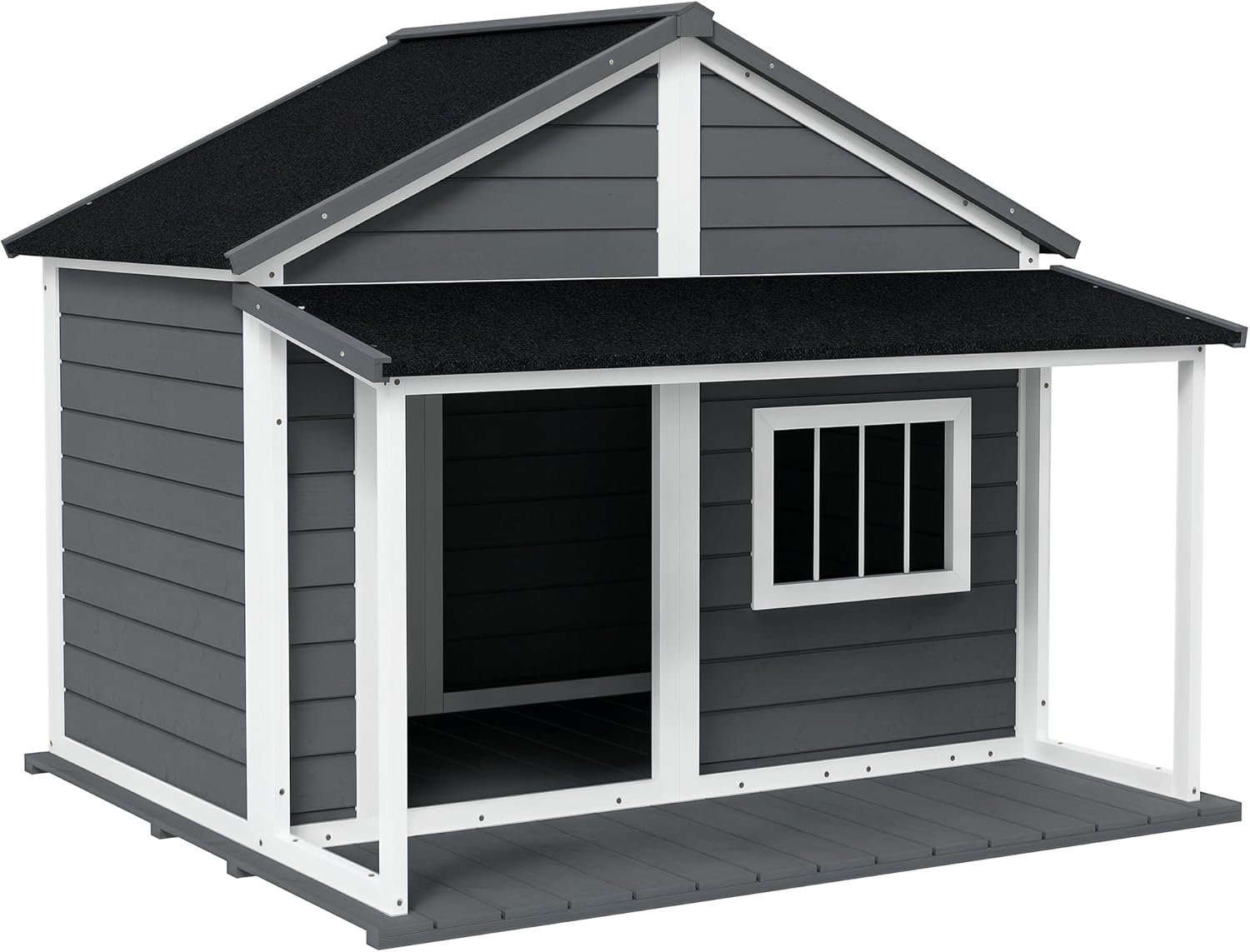 PawHut Outdoor Dog House Cabin Style, Wooden Raised Pet Kennel with Asphalt Roof, Front Door, Side Window, Porch for Medium and Large Dogs, Gray