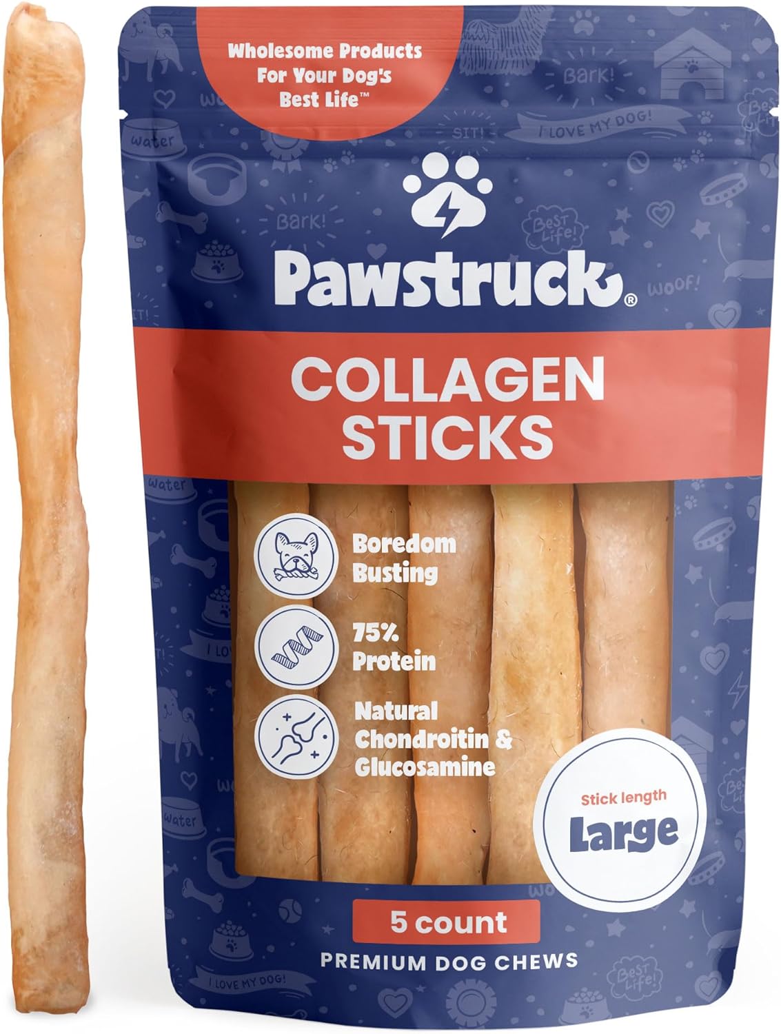 Pawstruck Natural Large 12″ Beef Collagen Sticks for Dogs – Long-Lasting Rawhide Alternative, High Protein Treats with Chondroitin & Glucosamine – 5 Pack