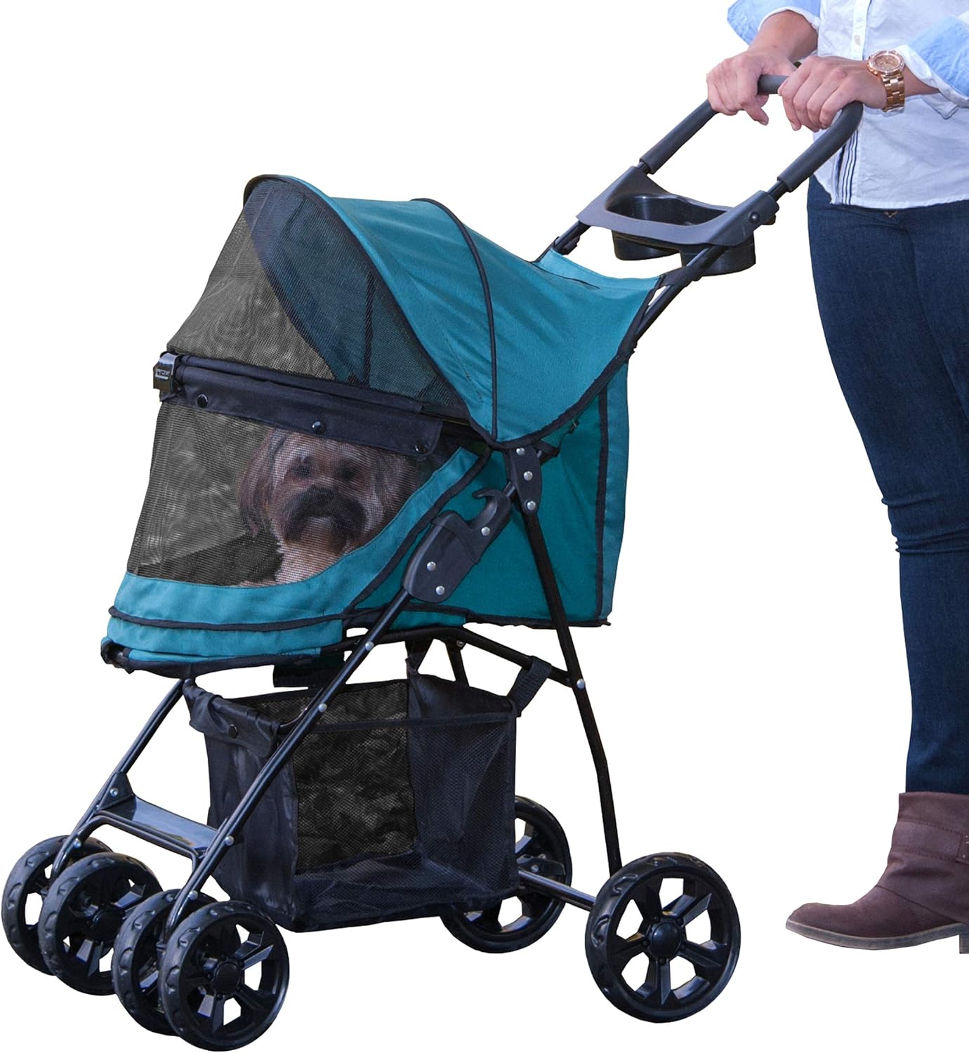 Pet Gear No-Zip Happy Trails Lite Pet Stroller for Cats/Dogs, Zipperless Entry, Easy Fold with Removable Liner, Storage Basket + Cup Holder, Juniper (PG8030NZJR)