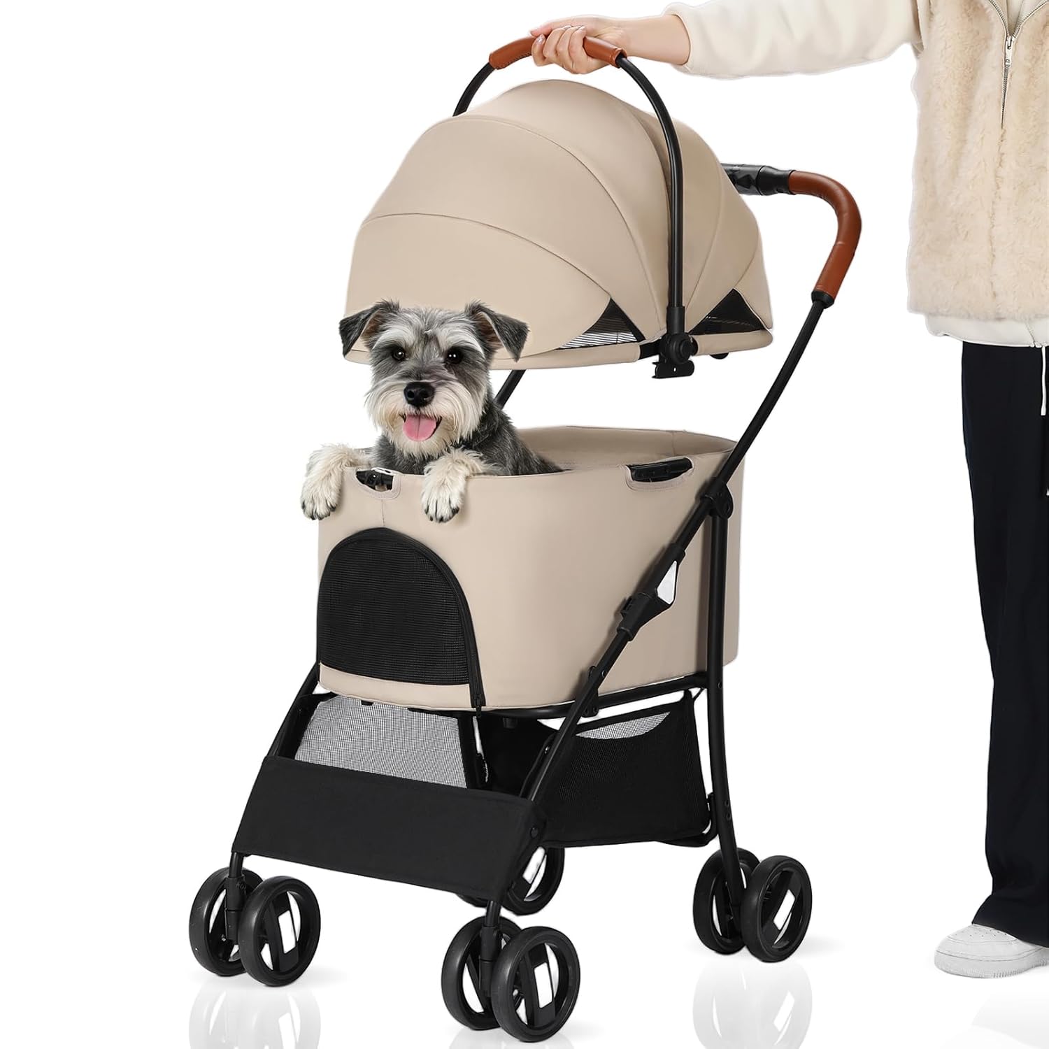 Pet Stroller for Small Dogs Cats Up to 45 lbs with Detachable Canopy, Portable Foldable Dog Stroller with Sunshade and Car Seat Travel, Suitable for All Seasons(Khaki 101K)