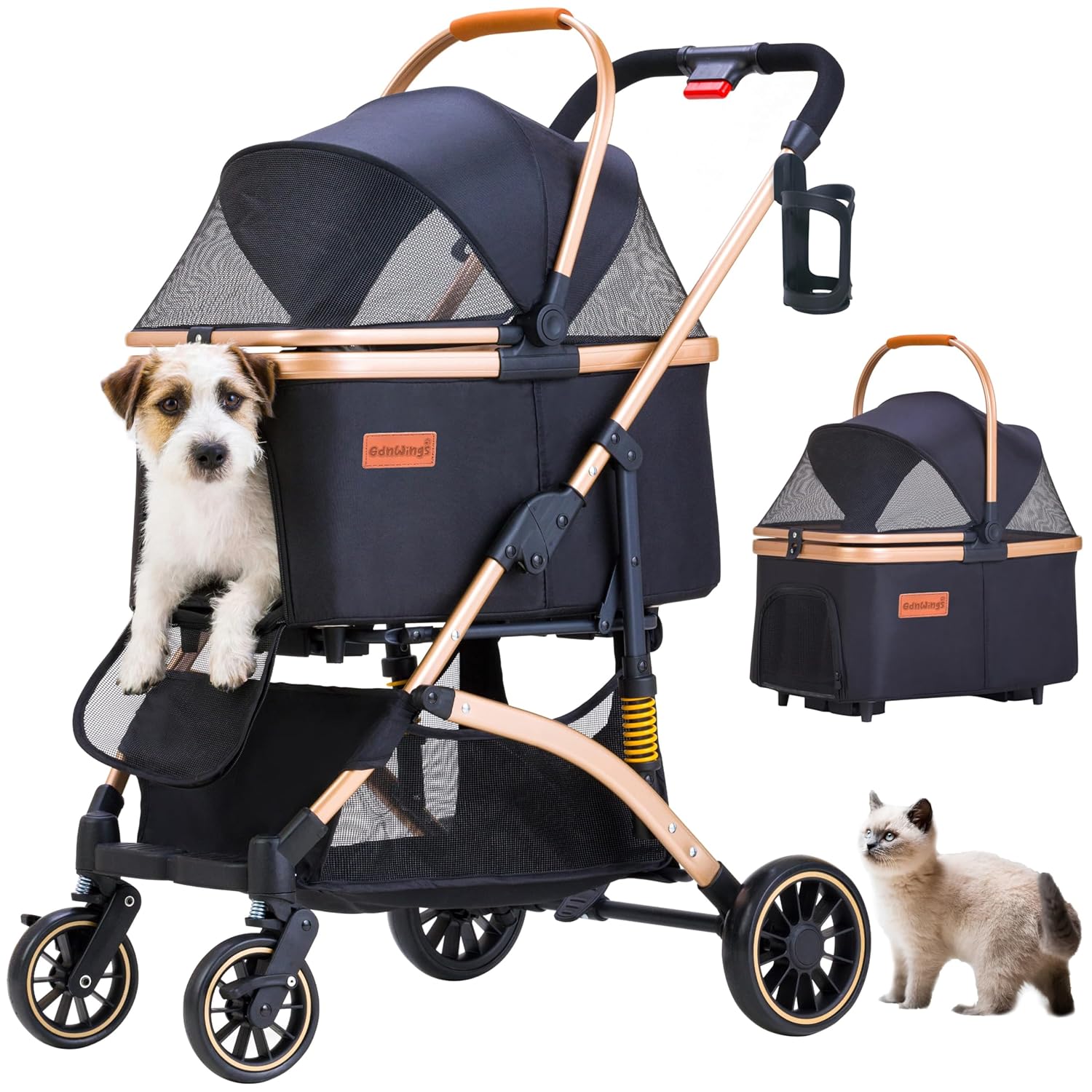Pet Stroller for Small Dogs, Lightweight Small Dog Stroller for Dogs Cats with 6 Shock Absorption System, Detachable Carrier Suitable for Car Seat & Hand Carry, Safe Outings, Black