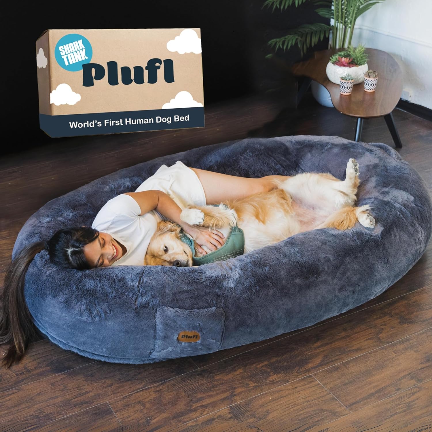 Plufl, The Original Human Dog Bed for Adults, Kids, and Pets. As Seen on Shark Tank. Comfy Plush Large Bean Bag with Memory Foam, Machine Washable, and Durable. Perfect nap and Floor Bed – Black