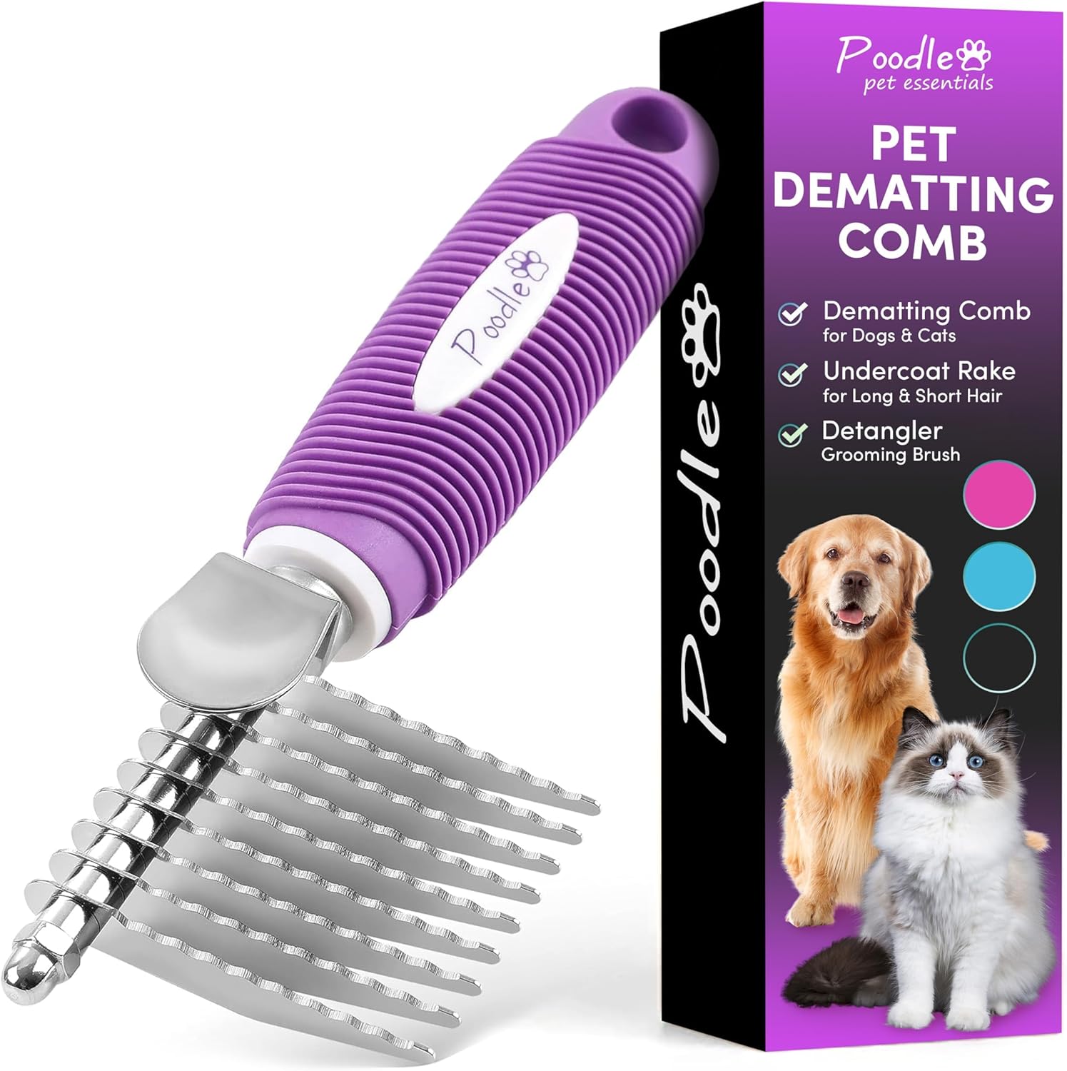 Poodle Dematting Fur Rake Comb Brush for Dogs and Cats – Long 2.5″ Steel Safety Blades Metal Comb for Detangling Matted or Knotted Undercoat Hair