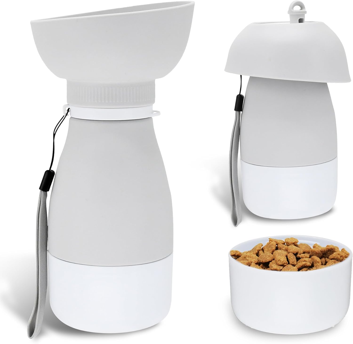 Portable Pet Water Bottle – 20 oz with 8.8 oz Food Container,Silicone Leakproof Travel Bottle for Dogs Cats, Detachable Feeding Dish for Walking Hiking Travel Grey