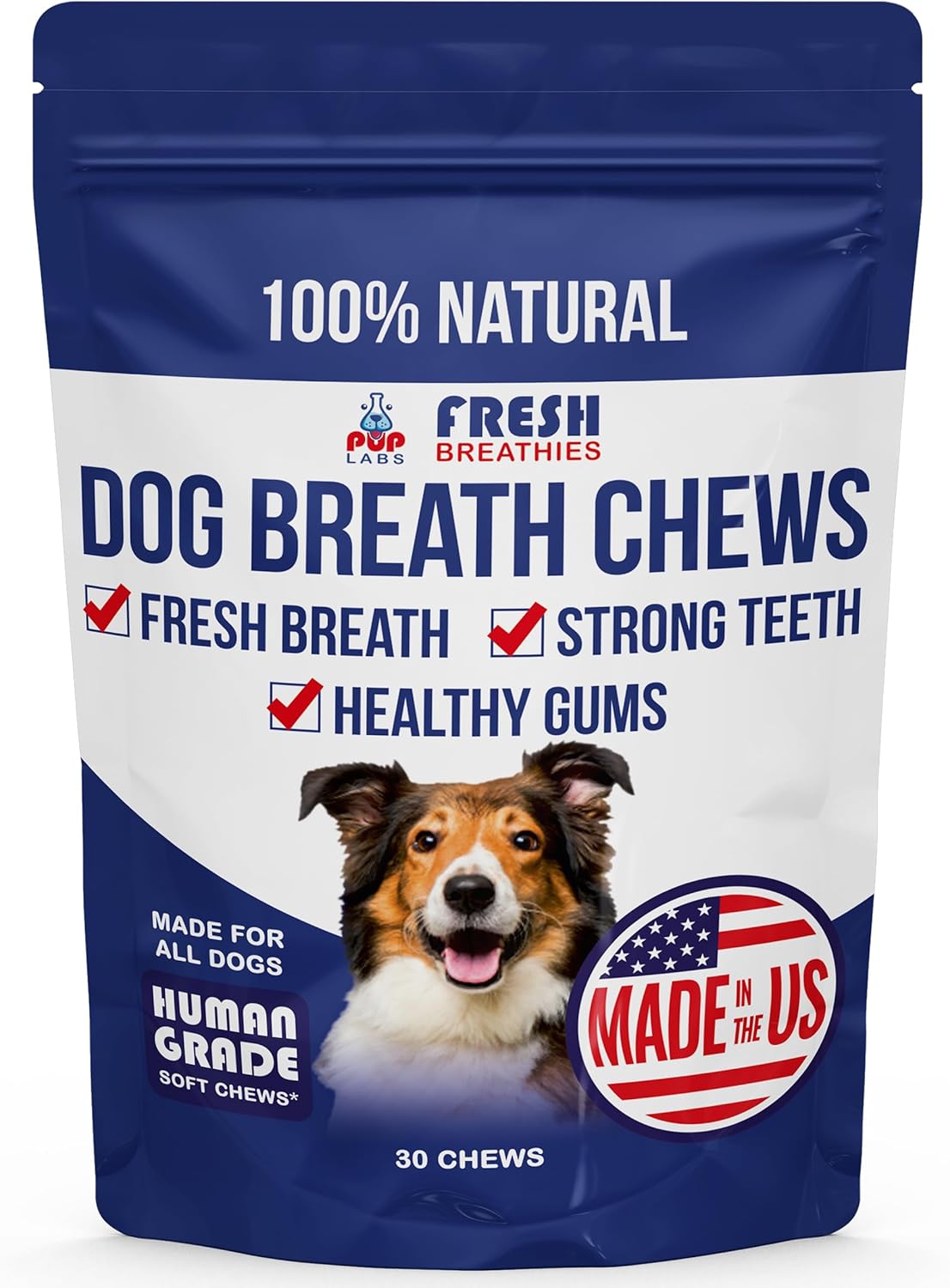 Pup Labs Fresh Breathies, All-Natural Dental Chews for Dogs, Dog Breath Treatment That Supports Gut Health and Immune System, Dog Teeth Cleaning Chews, Dental Treats for Dogs Made in The USA, 30 Count
