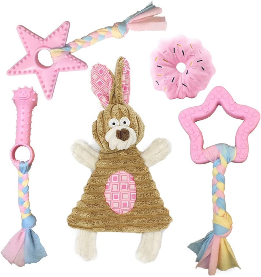 Puppy Toys for Teething, Puppy Chew Toys for Small Dogs, Crinkle Dog Toys Small Breed Boredom and stimulating, Dog Toys for Small Dogs, Pink, 5-Pack