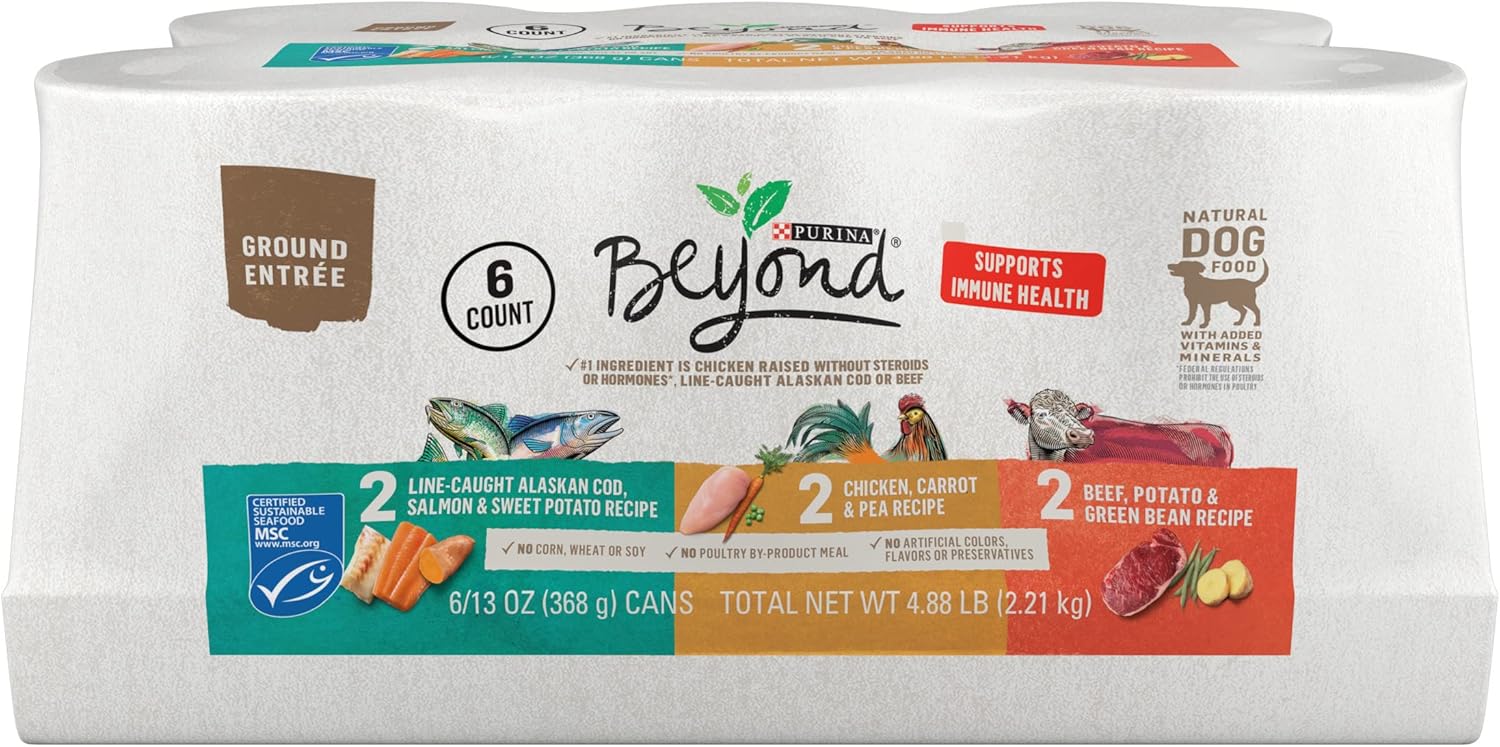 Purina Beyond Chicken, Beef and Cod Ground Entree Grain Free Wet Dog Food Variety Pack – (2 Packs of 6) 13 oz. Cans