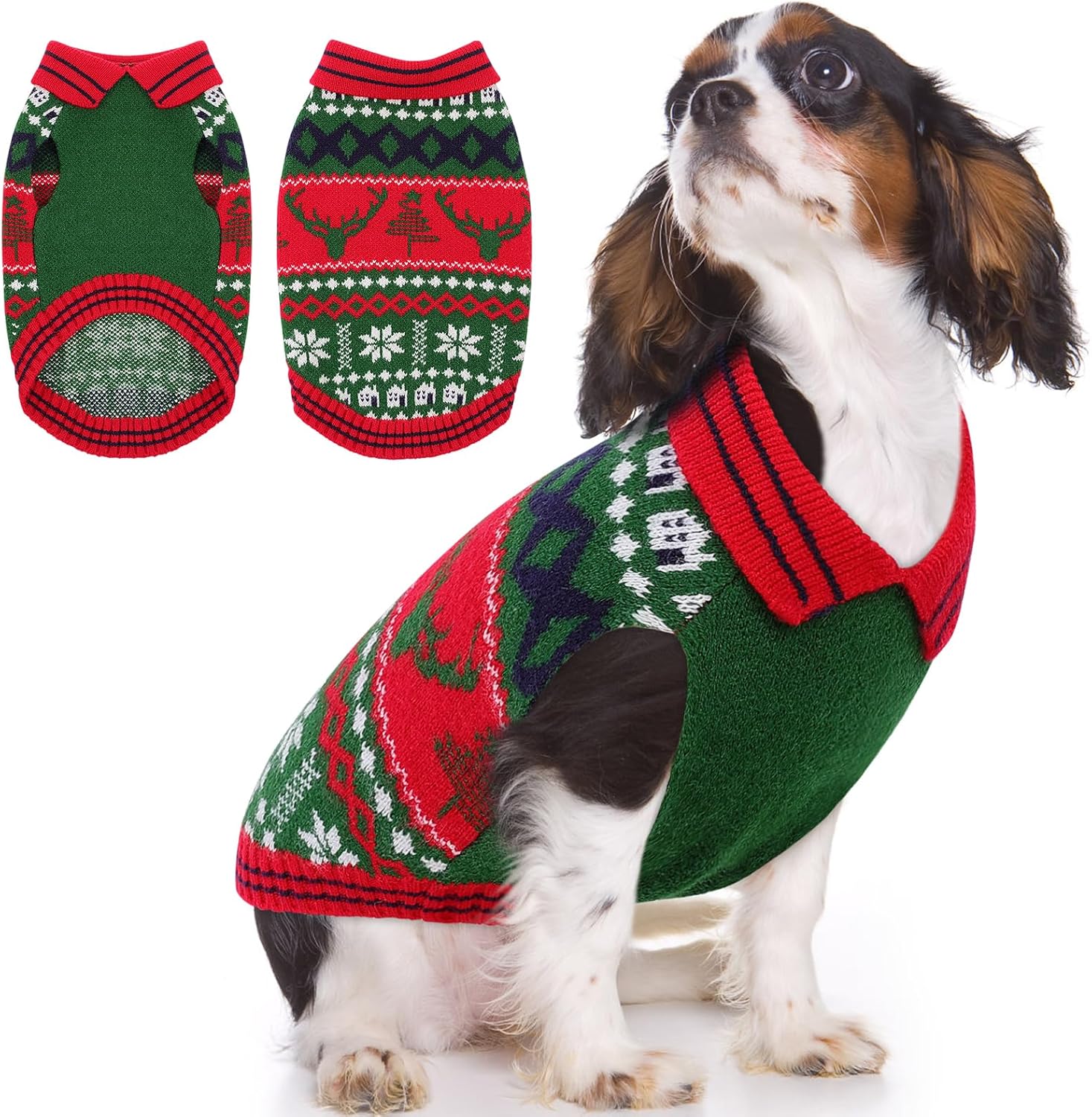Queenmore Christmas Dog Sweater,Stylish Lapel Design Small Dog Sweater,Soft Dogs Sweaters for Small Dogs Male Female,Thick Warm Pet Clothes,Reindeer and Snowflake Pattern Winter Pet Clothing,Green,S