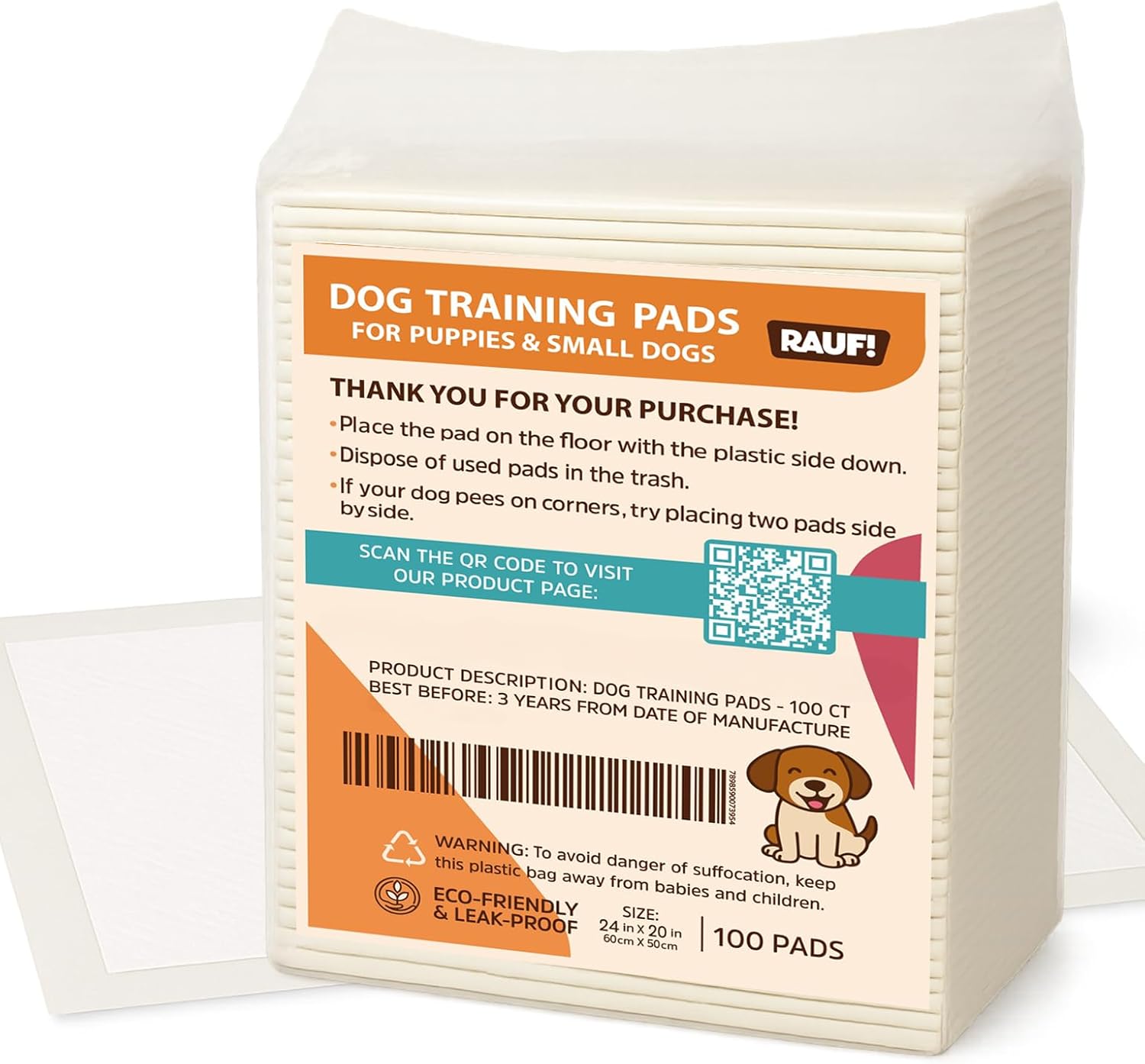 RAUF! Puppy Pads Premium SAP with Odor Control Technology – 100 Count, 24″ x 20″, Super Absorbent, Leak-Proof, Quick Dry – Puppy Pad, Training Pad, Pee Pad with Adhesive Strips – Size Medium