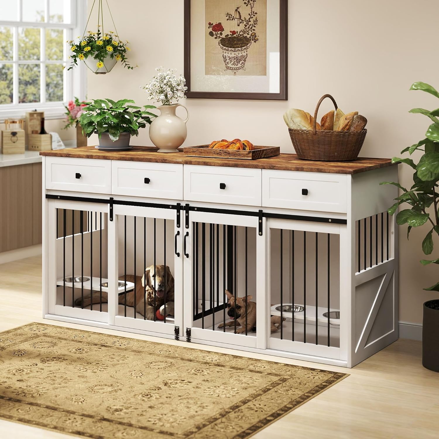 Real Relax Large Dog Crate Furniture, 71” Multi-Purpose Dog House w/Double Rooms, Divider and Sliding Barn Door, Steel Frame Indoor Double Dog Crate for Medium Small Dogs, White