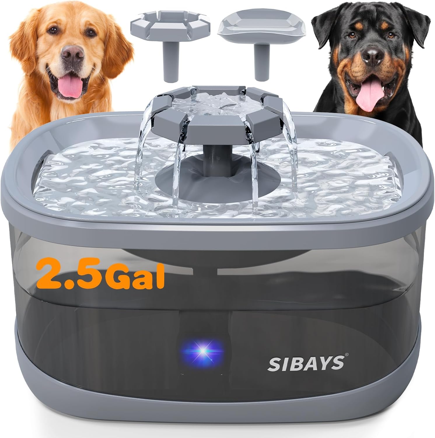 SIBAYS 2.5Gal/9.5L Dog Water Fountain for Large Dogs, 3 Flow Modes Large Pet Water Fountain for Cats, Automatic Dog Water Bowl Dispenser with 7″ Filter & Smart LED Pump, Quiet, BPA-Free Material(FS68)