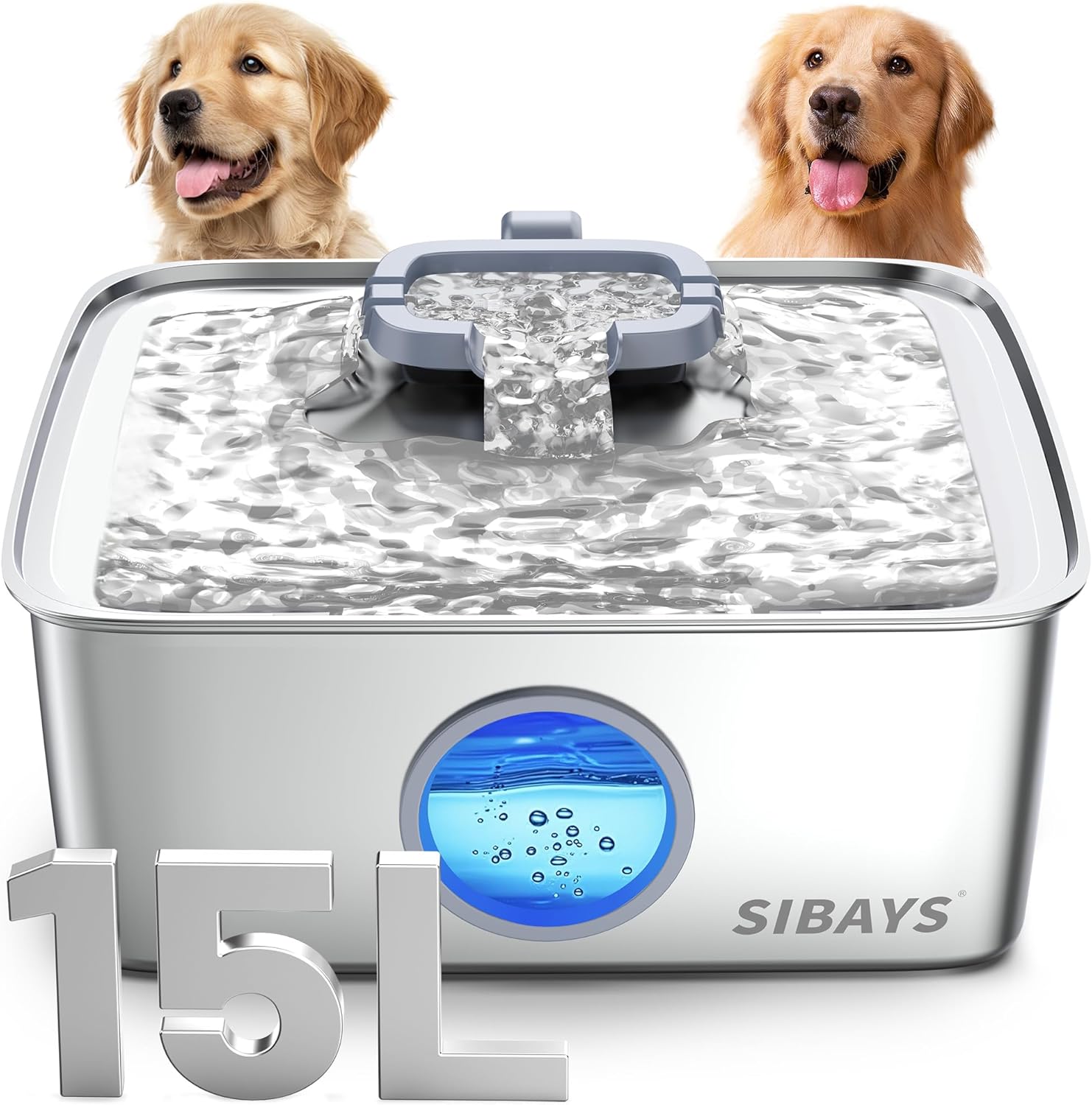 SIBAYS 4Gal/15L Dog Water Fountain, Stainless Steel Large Capacity Pet Water Fountain with Water Level LED Light, Automatic Quiet Dog Water Bowl Dispenser for Large Dogs & Multi-Pet Easy to Clean FS79