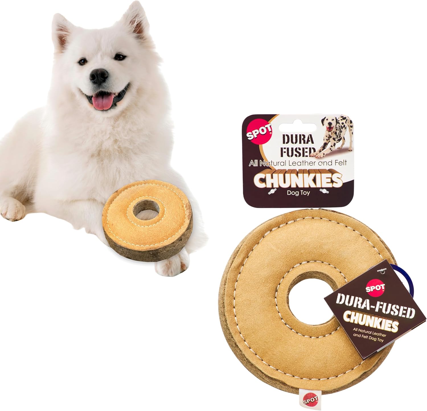 SPOT Dura-Fused Chunkies Ring Dog Toy, Natural Leather and Felt, Durable Chew Toy for Aggressive Chewers, No Squeak or Fluff, for Adult Dogs and Teething Puppies, 6 in