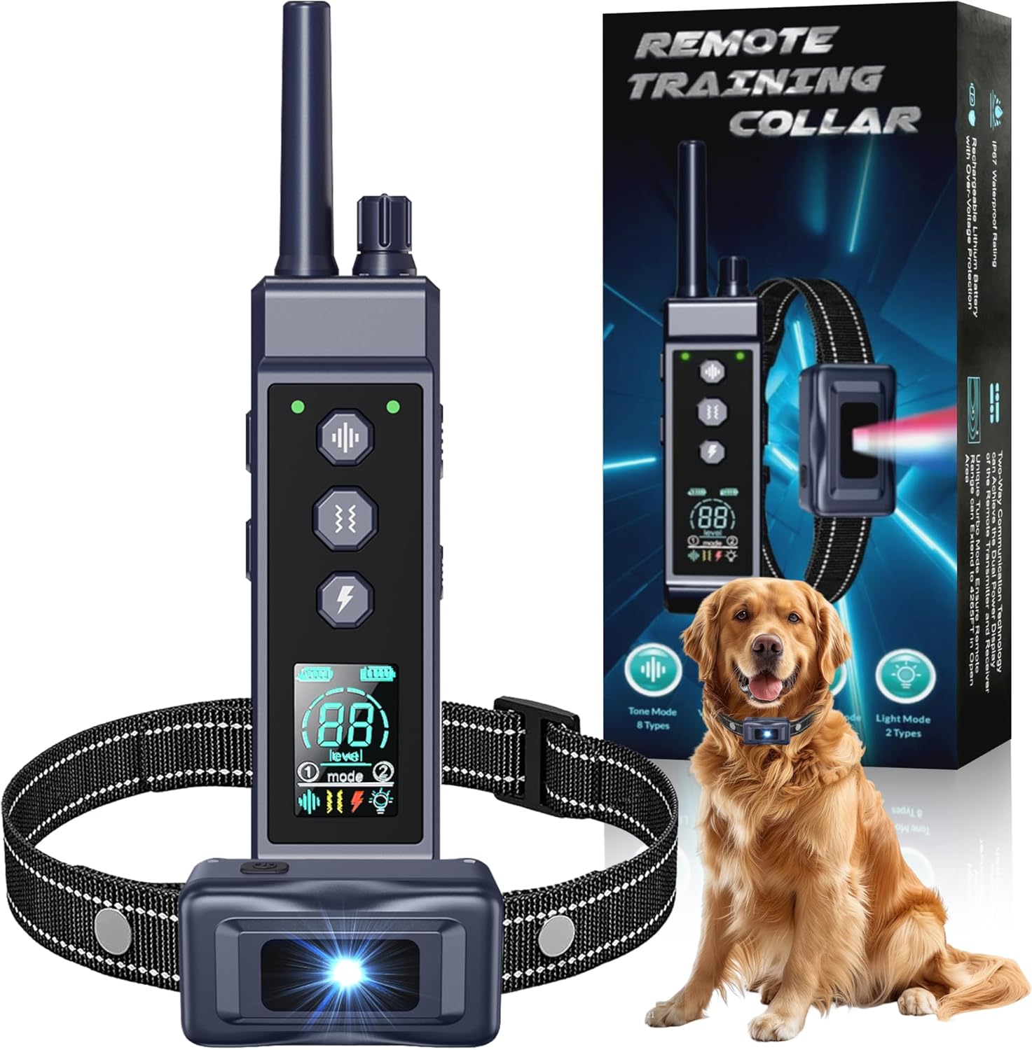 Shock Collar for Dogs – 4265ft Waterproof Training Collar with Flashing Light for Small Medium Large Dogs with Rechargeable Remote, Beep (1-8), Vibration(1-16), Safe Shock(1-99) (Black)