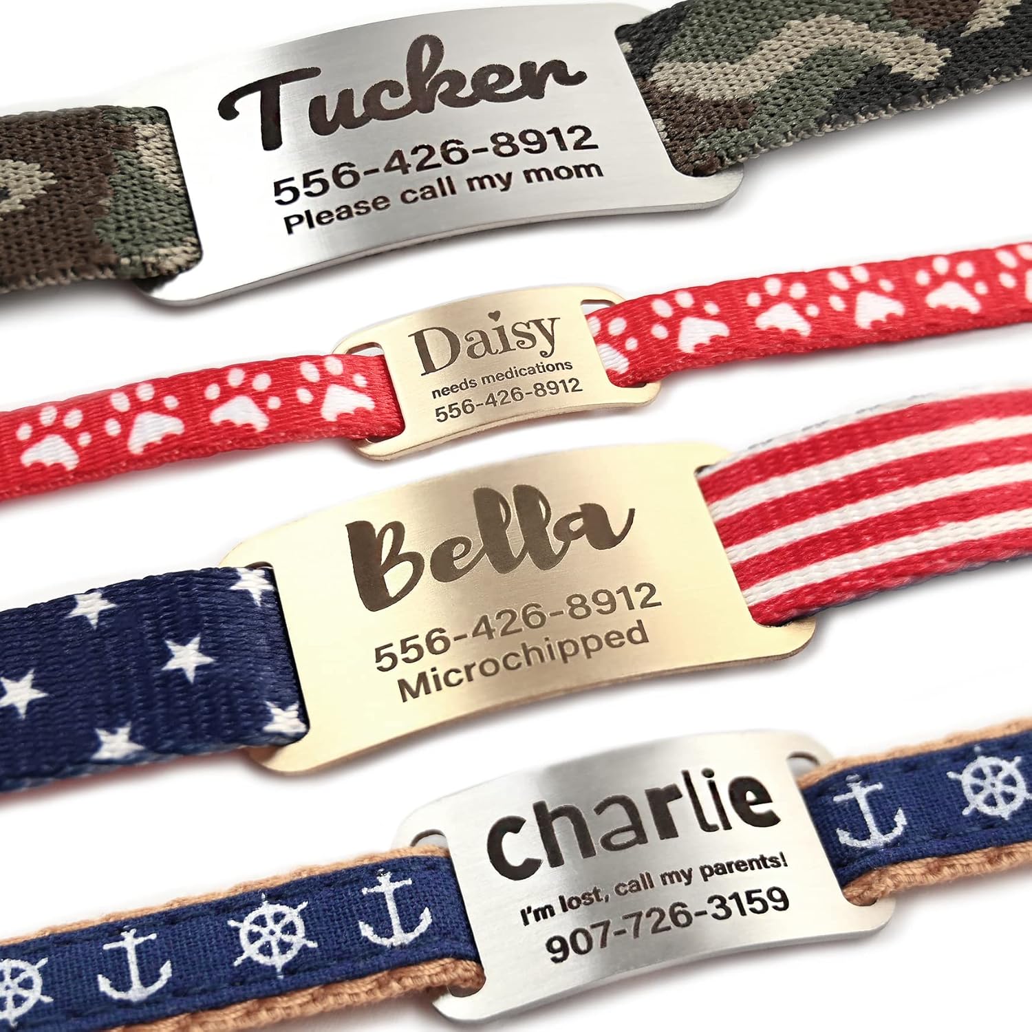 Slide-On Pet ID Tags – S/M/L/XL Personalized Dog and Cat Tags, Silent, No Noise Made of Stainless Steel, Large-fits 1 inch Collars, Custom Engraved Dog Name Tags