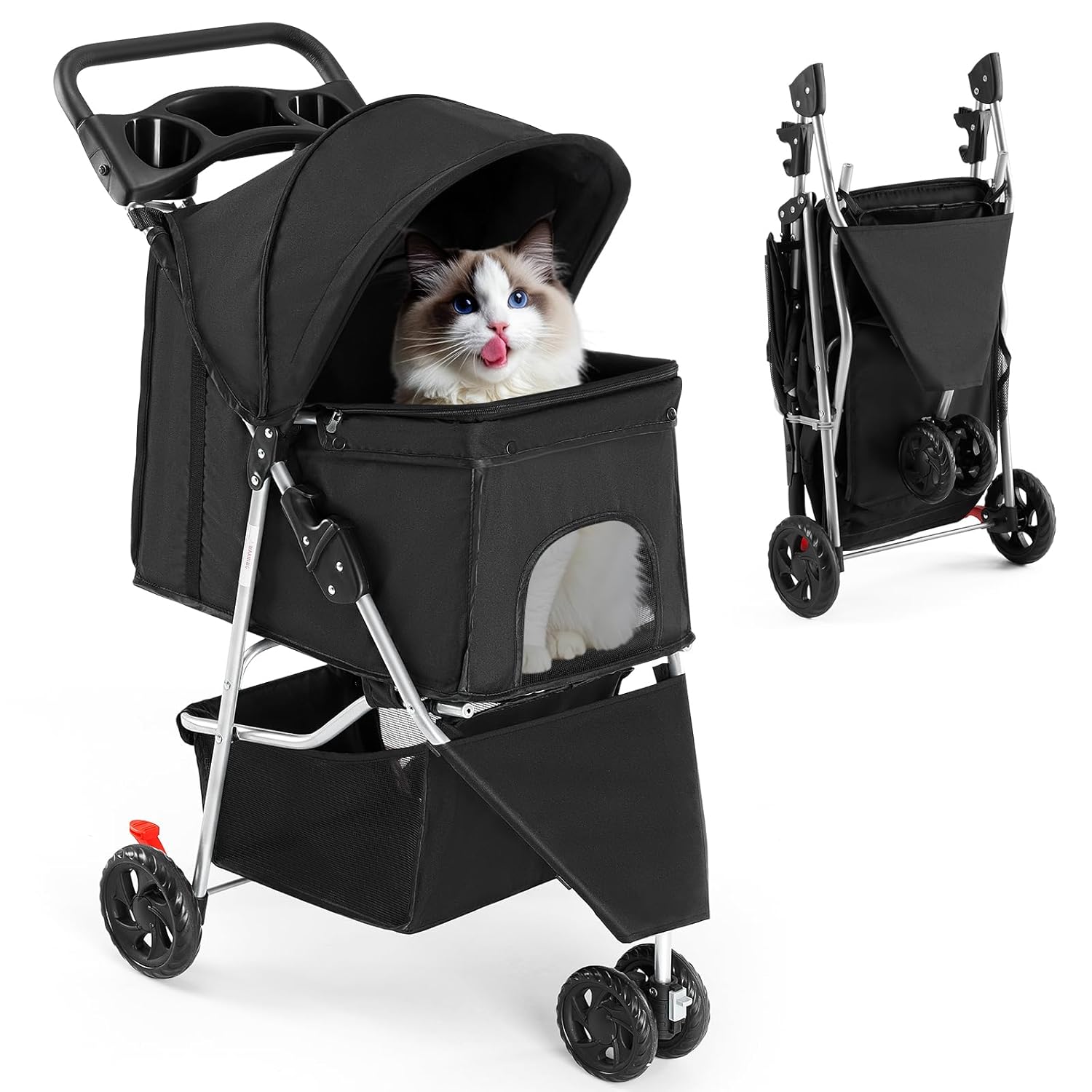 Smug 3 Wheels Pet Stroller, Cats and Dog Strollers with Storage Basket and Cup Holder, Breathable Mesh, Lightweight Travel Carrier, Waterproof and Foldable for Small Pets Outdoor Walk, Black