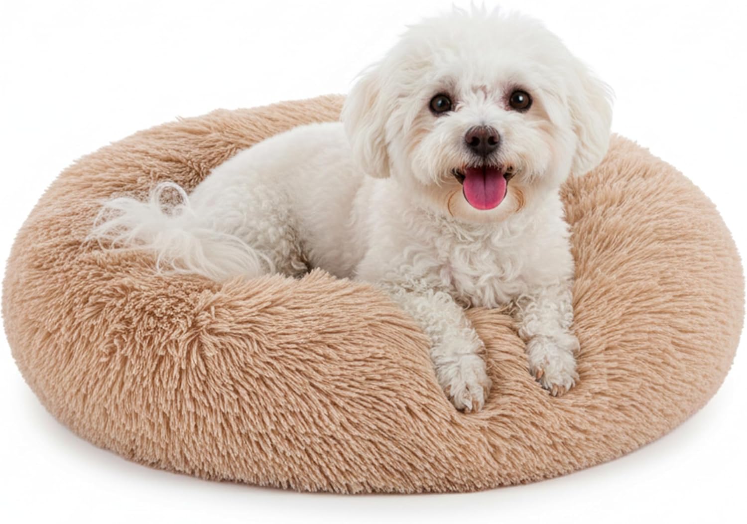Soft Round Dog & Cat Bed, Anti-Anxiety Donut Cuddler with Anti-Slip Bottom Cozy Fluffy Pet Bed for Small Medium Dogs and Cats, 24inch, Brown
