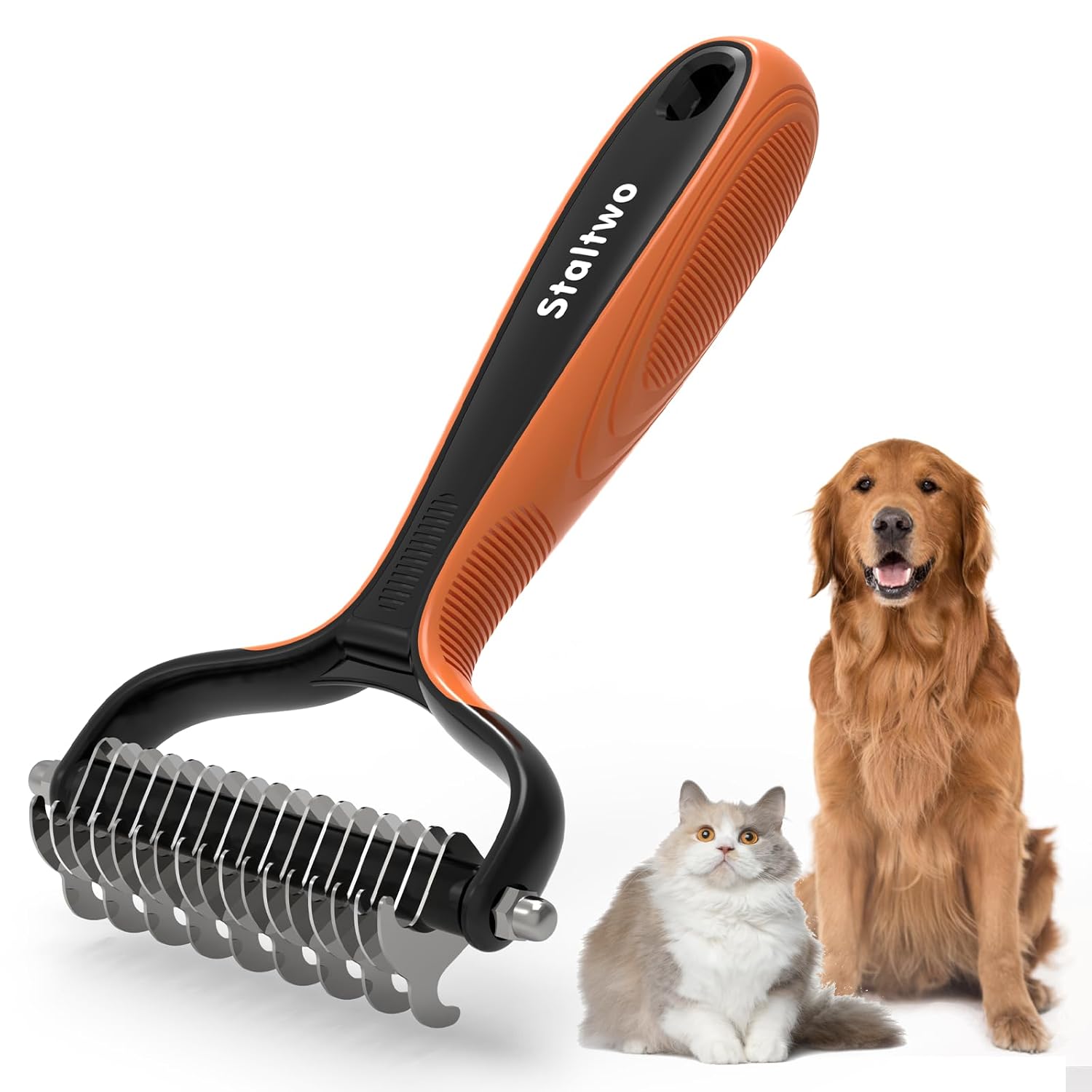 Staltwo Deshedding Dog Brush for Shedding – 2-in-1 Professional Undercoat Rake and Furminator for Dogs | Shedding Control for Long-Haired Dogs and Cats, Deshedding Tool, Knot Removal,Orange