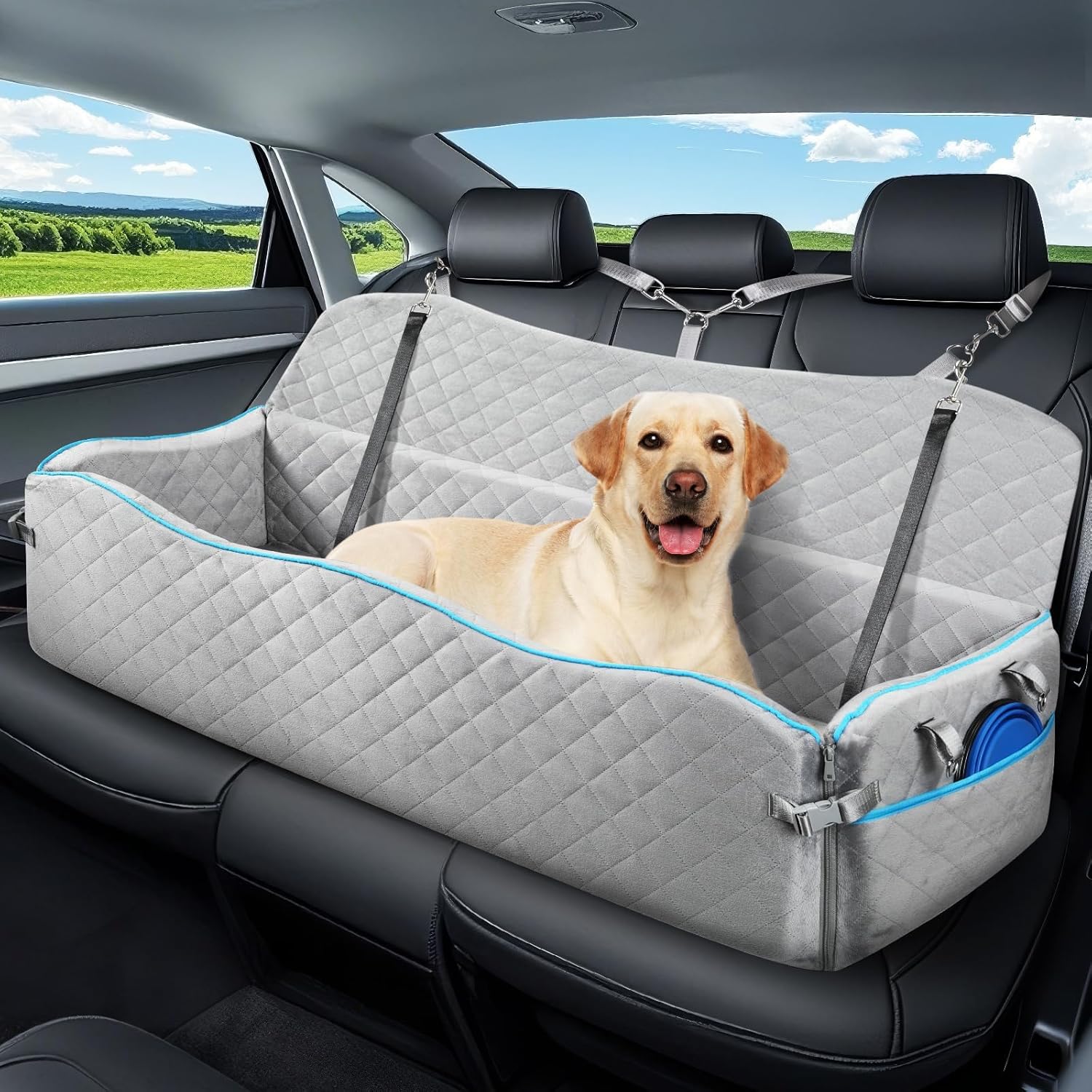 Tivray Large Dog Car Seat, Dog Car Bed for Large Dogs Under 120lbs, Dog Booster Seat with Thick Cushion and 2 Pet Safety Leashes, Detachable & Washable Pet car Bed for Backseat