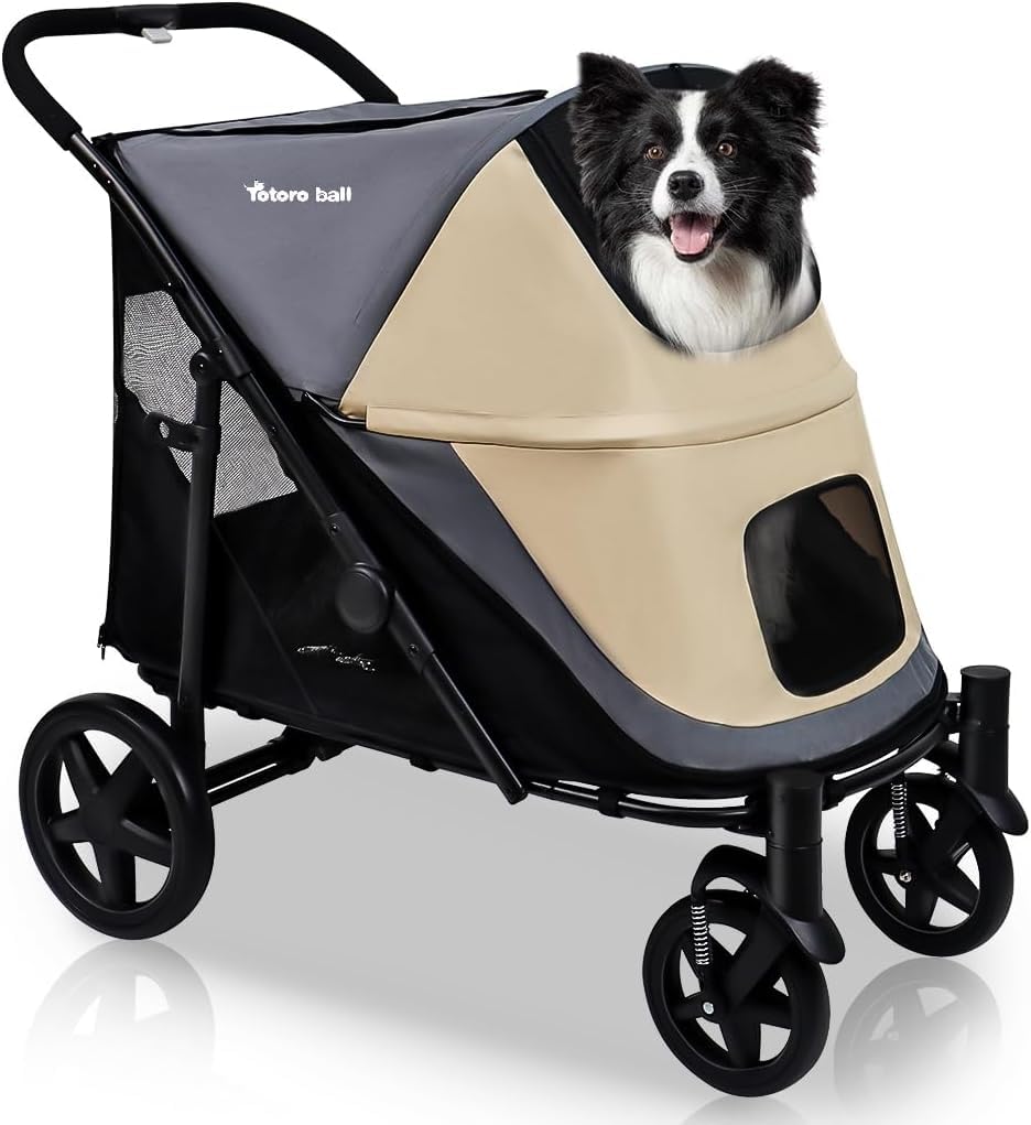 Totoro Ball One-Click Folding Dog Stroller for 2 Dogs – 4 Wheel Jogger with Storage Pocket – Suitable for Pets Up to 110LBS (Beige & Grey)