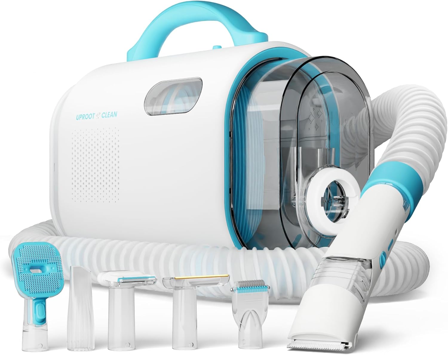 Uproot Clean Pet Groomer Vacuum Kit 7 in 1 – Cat & Dog Grooming Kit with Brush, Detangle, Deshed, Trim, Clean, & Dry Attachments – Complete Cat & Dog Grooming Vacuum for Shedding Pets