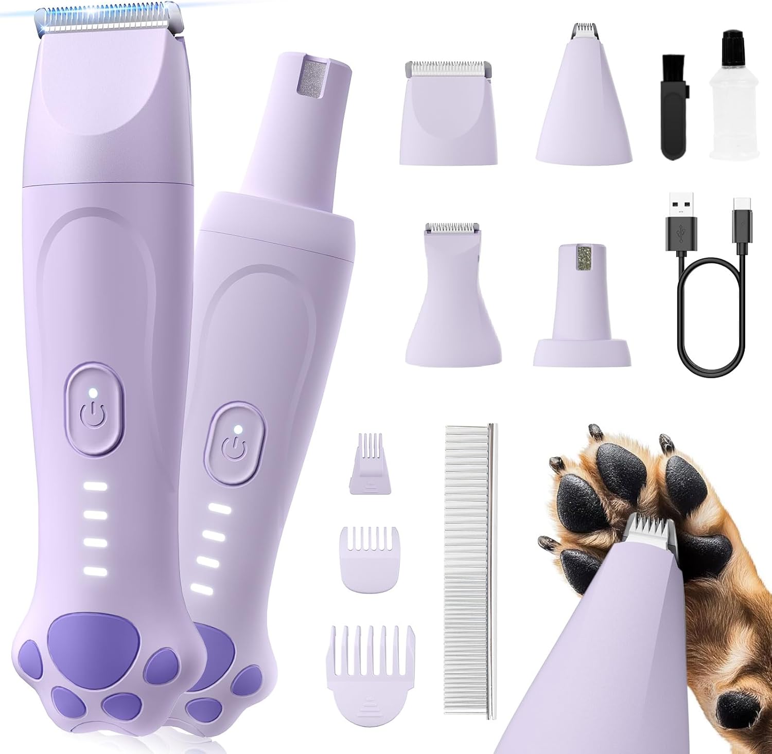 Veeconn Dog Paw Trimmer – 4-in-1 Dog Clippers Grooming Kit with Low Noise & IPX7 Waterproof Design Includes Comb Paw Trimmer Nail Grinder – Rechargeable & Cordless Pet-Friendly Clipper (Purple)