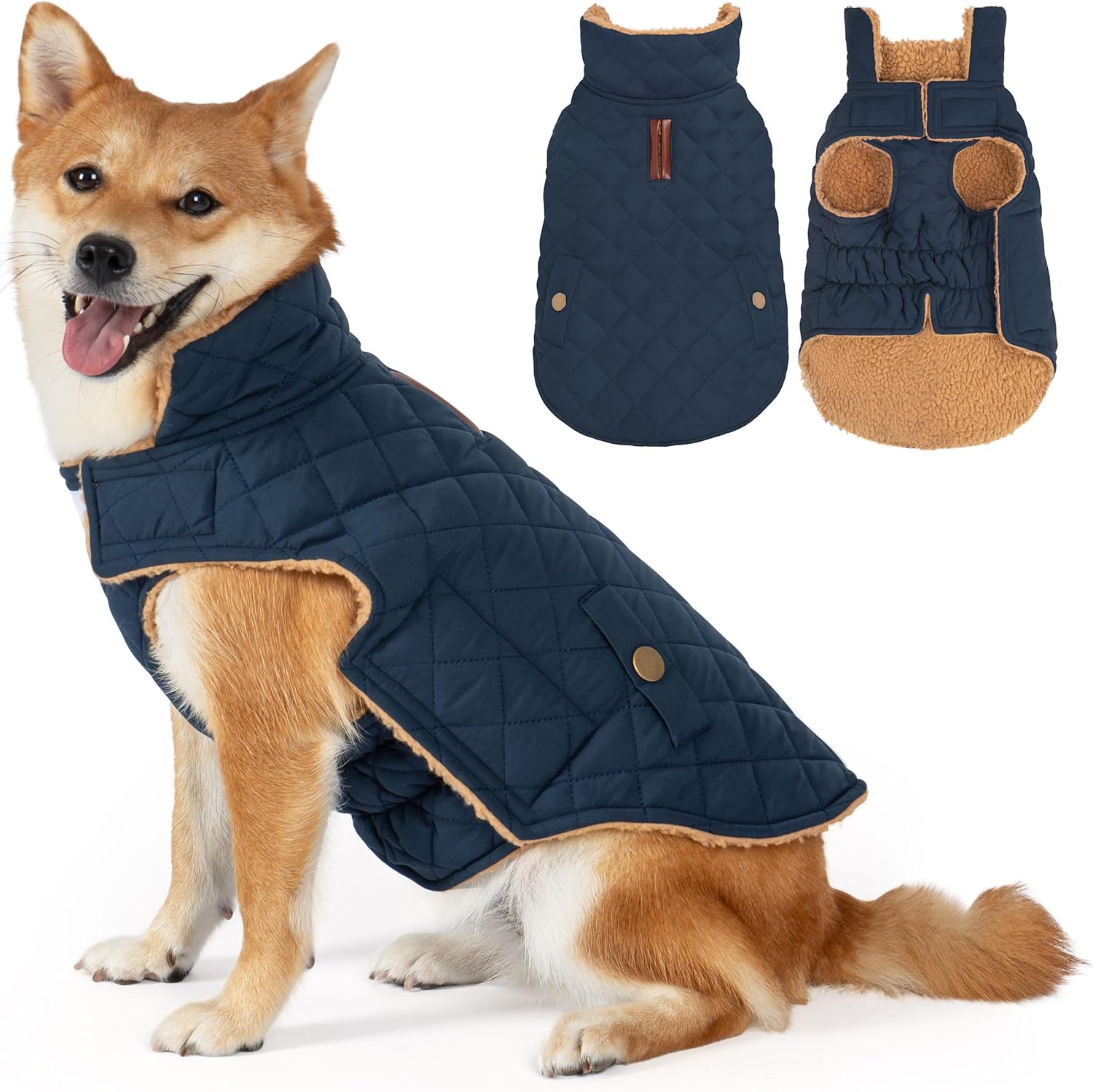Vitiswap Dog Coat, Warm Soft Dog Winter Coats for Small Dogs, Waterproof Windproof Dogs Adjustable Jacket with Fleece Lined Turtleneck Doggy Snowsuit with Leash Hole, Navy Large