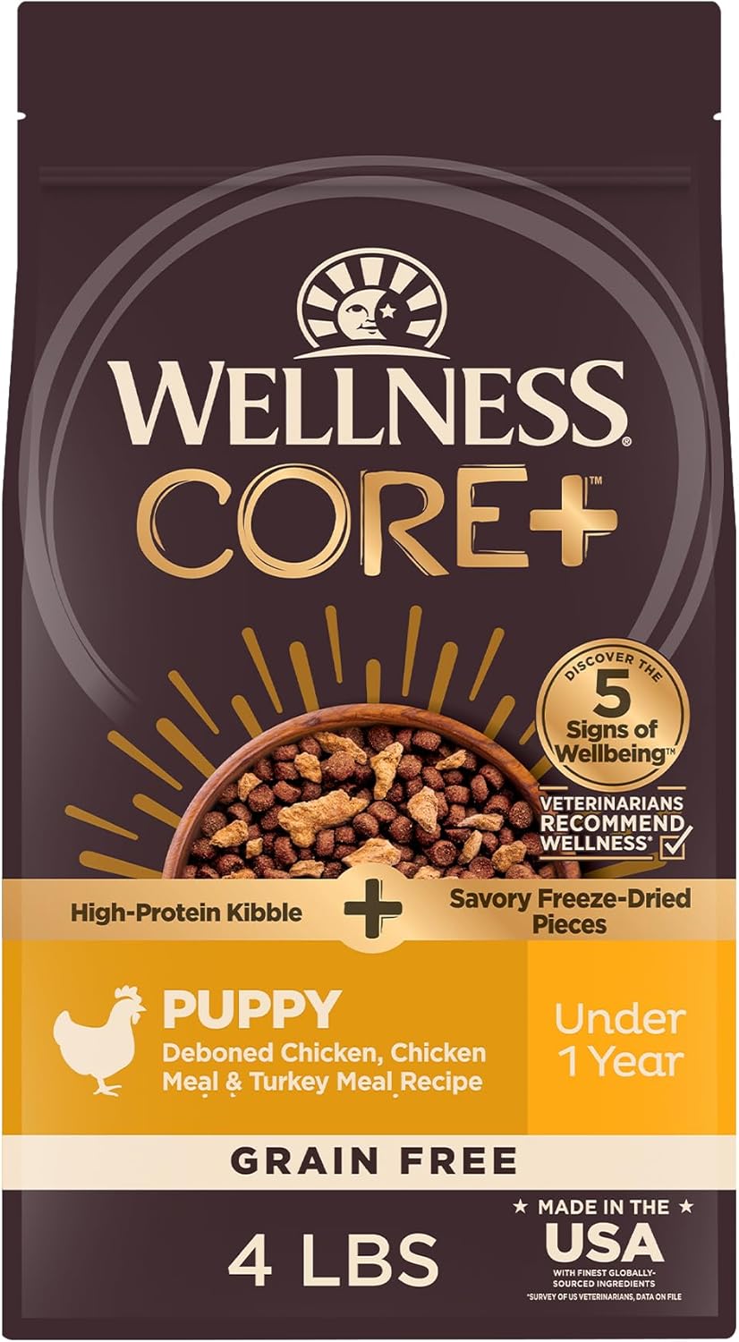 Wellness CORE+ Puppy Dry Dog Food with Freeze Dried Pieces, Grain Free, High Protein, Natural, Chicken & Turkey Recipe, (4-Pound Bag)