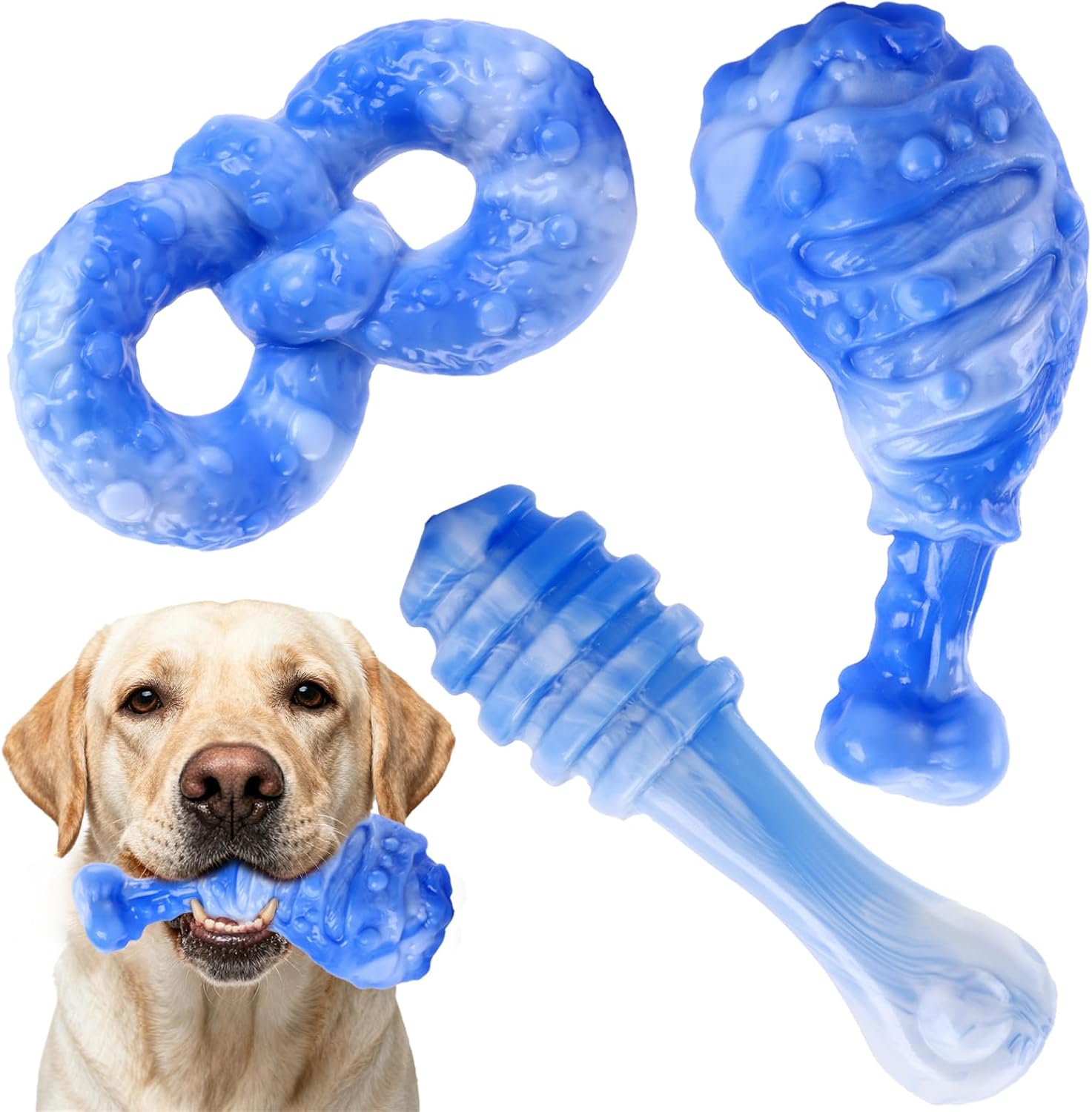 WinTour Dog Toys for Aggressive Chewers 3 Pack, Tough Dog Chew Toys for Aggressive Chewers, Indestructible Dog Toy to Keep Them Busy for Small, Medium and Large Breeds, Bacon Flavor, Blue