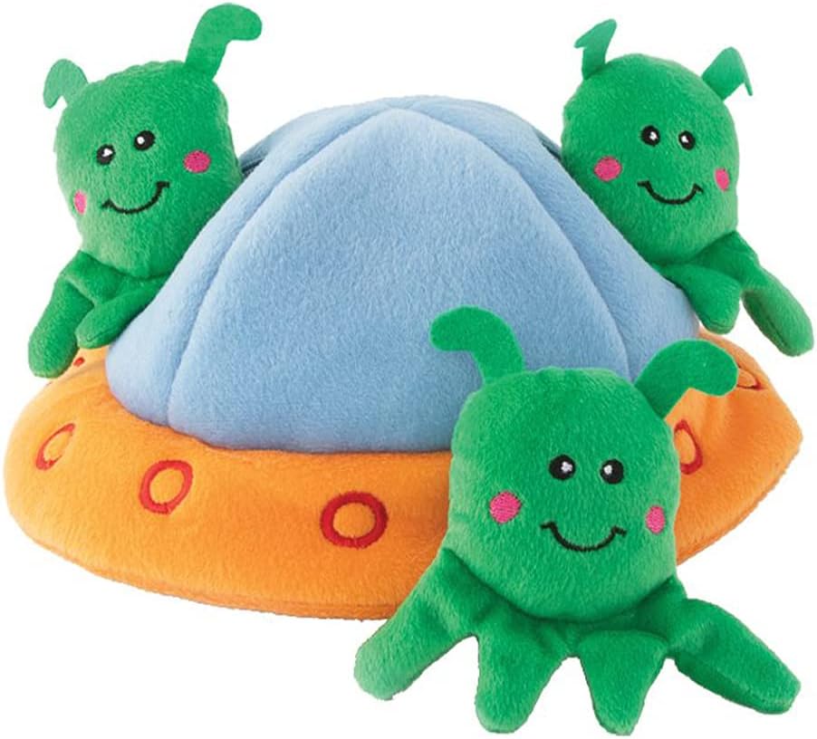 Zippy Paws Zippy Burrow Aliens in UFO Dog Toy – Interactive Hide-and-Seek Plush Puzzle Toy with Squeaky Aliens
