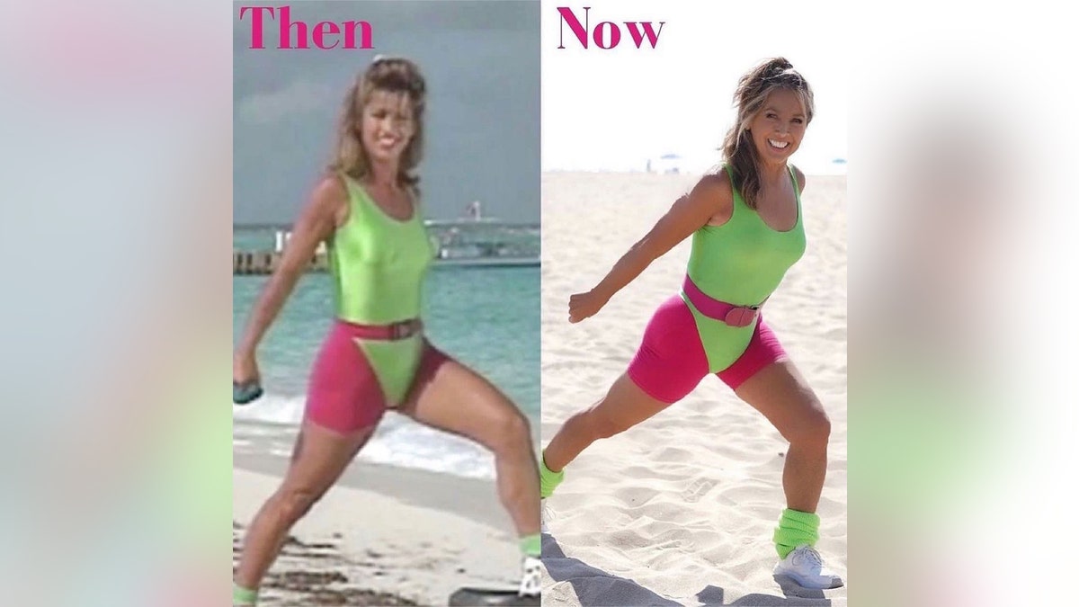 A side-by-side split image of Denise Austin modeling her leotards from the 1980s.
