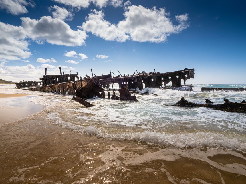 The SS Maheno is the most famous shipwreck on K’gari Island and has become a landmark on 75 Mile Beach, very popular with tourists visiting the Island.