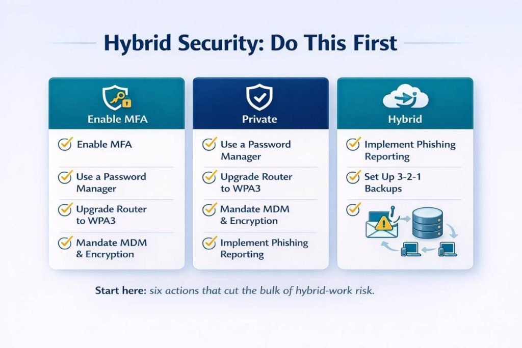 Hybrid security checklist: MFA, password manager, WPA3 router, MDM/encryption, phishing reporting, 3-2-1 backups.