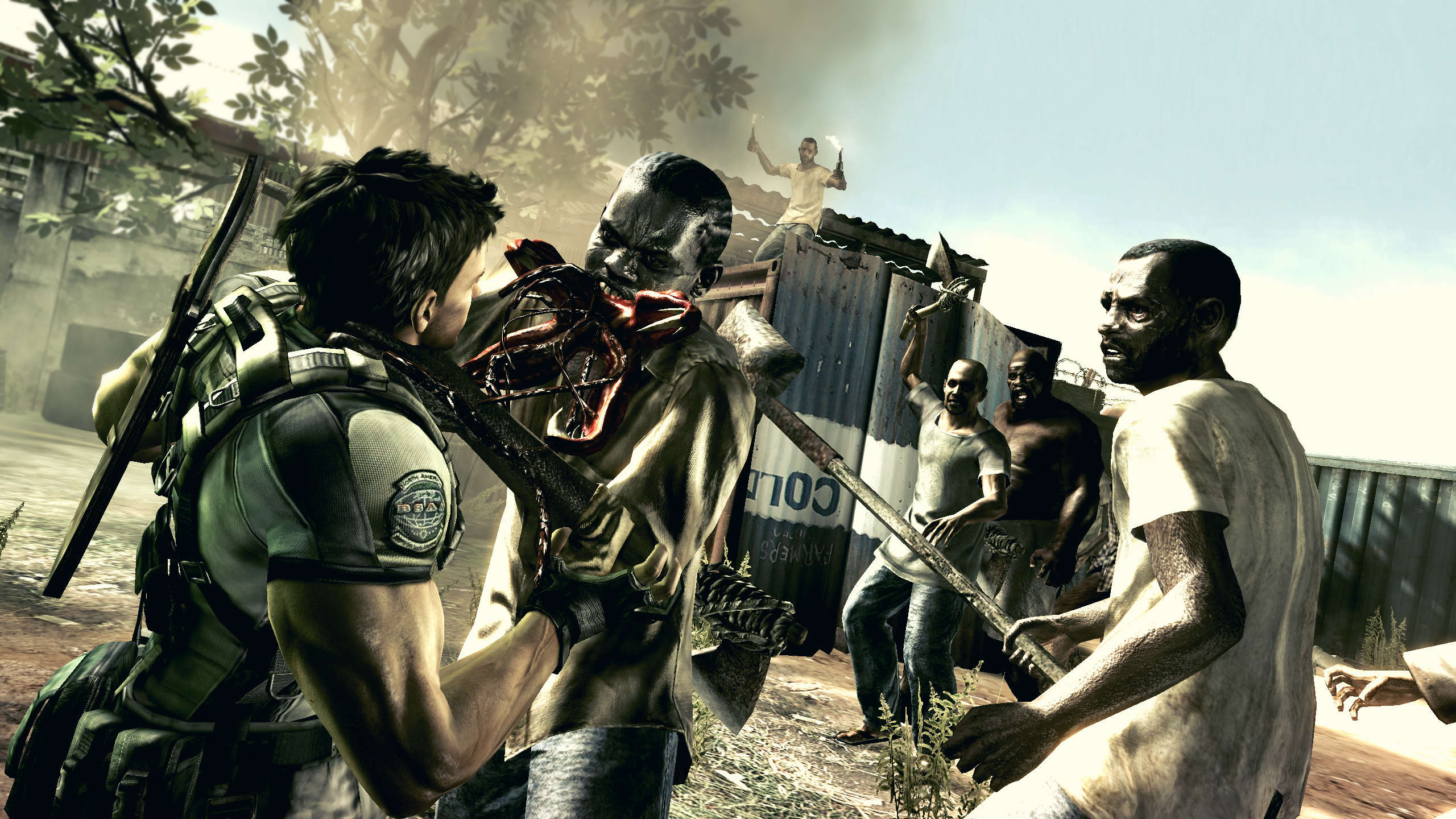 Chris is grabbed by infected enemies in broad daylight in Resident Evil 5