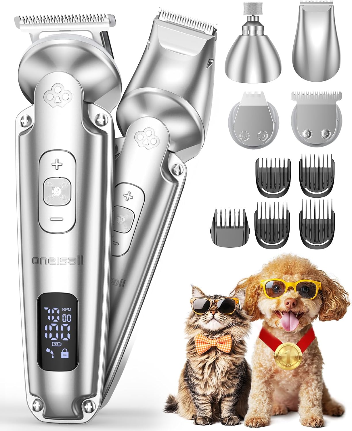 oneisall Small Dog Clippers and Paw Trimmer with Low Noise, 4 – in – 1 Cordless Dog Grooming Kit with 3 – Level Speed Clippers (7000 RPM) for Grooming Thick Hair, Waterproof Shaver for Dogs and Cats