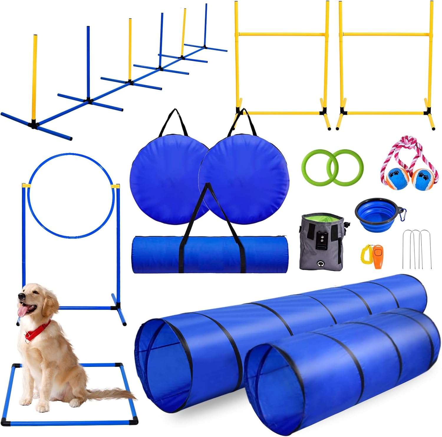 25 Piece Dog Agility Training Equipment – Dog Obstacle Course Training Starter Kit with 9.8ft Tunnel, Agility Hurdle, Weave Poles, Jump Ring, Pause Box,Toy Balls, 4Storage Bag, Pet Game Outdoor Indoor