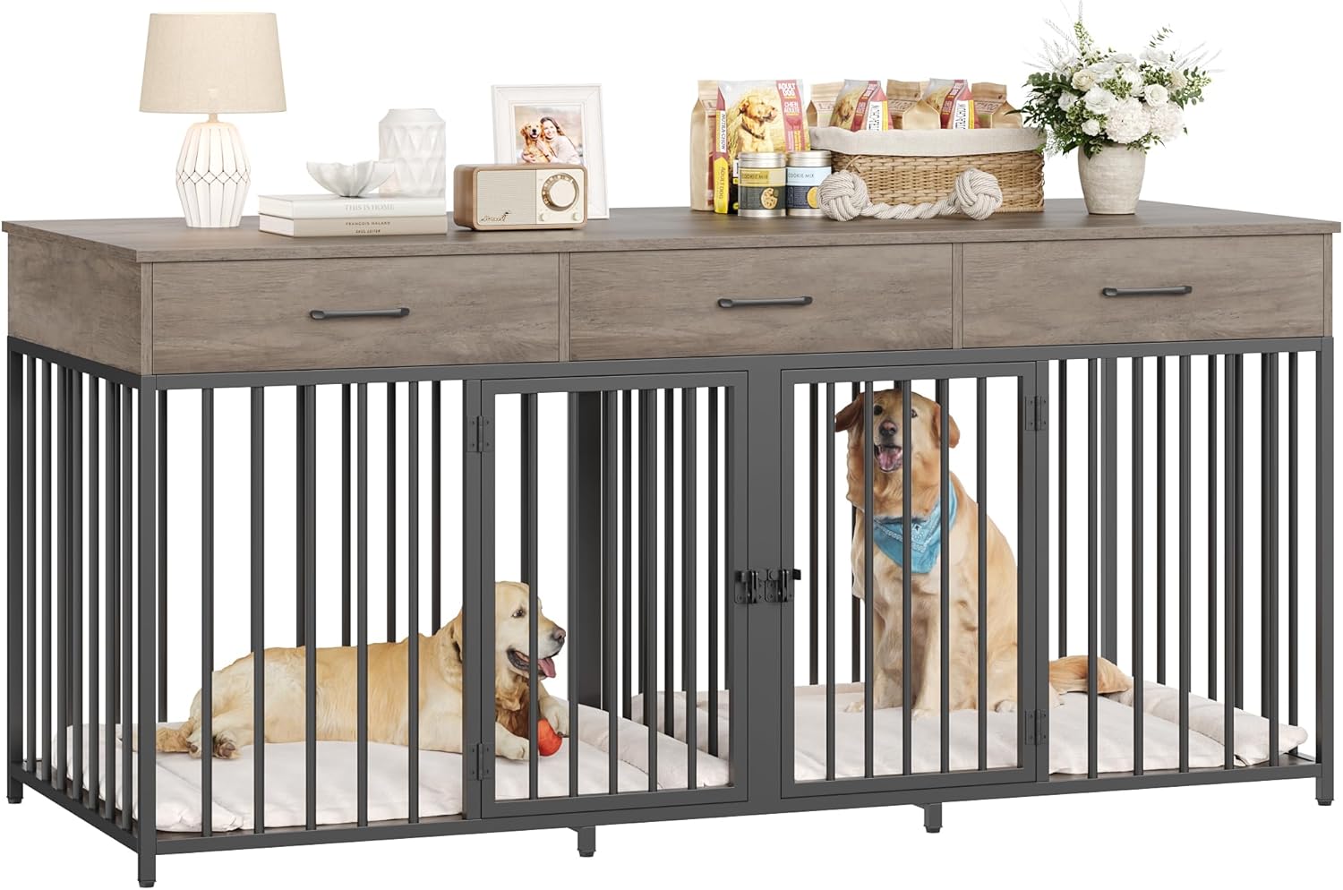 HOSTACK Double Dog Crates Furniture, 71″ Wide Indoor Dog Kennel with 3 Drawers, Farmhouse Dog Cage for 2 Large/Medium Dogs, Heavy Duty Dog Crate with Removable Divider, Wooden Pet House, Ash Grey