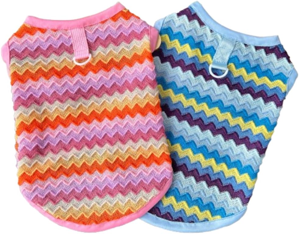 2 Pack Summer Small Dog T-Shirts with Leash Ring Breathable Girl Puppy Clothes Cooling Boy Cats Outfits Sleeveless Dog Tee Shirt Lightweight Pet Vest Shirt (Pink+Blue Wave, Small)