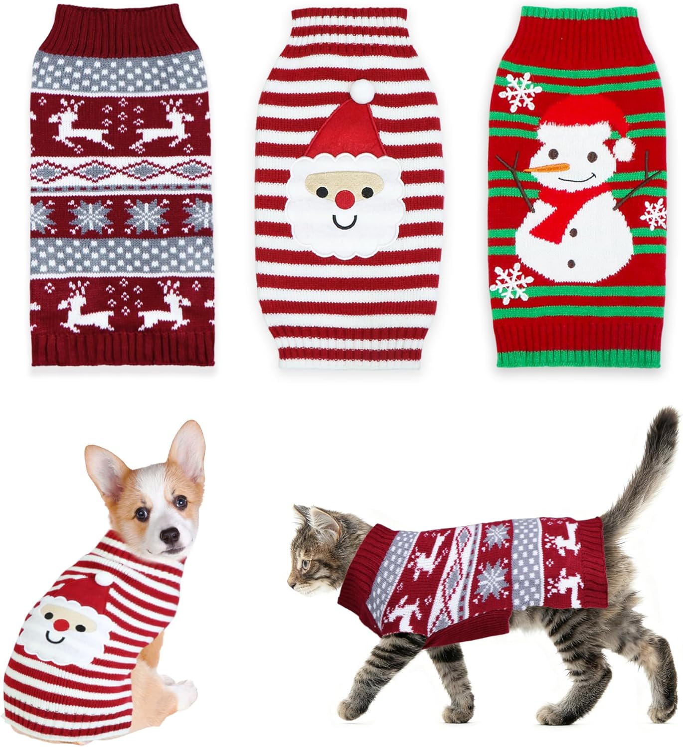 3 Pack Cat Christmas Sweater, Knit Pet Cat Dog Sweaters Warm Coat Clothes Santa Reindeer Snowman Christmas Sweater Outfit for Cats Puppy Dogs M