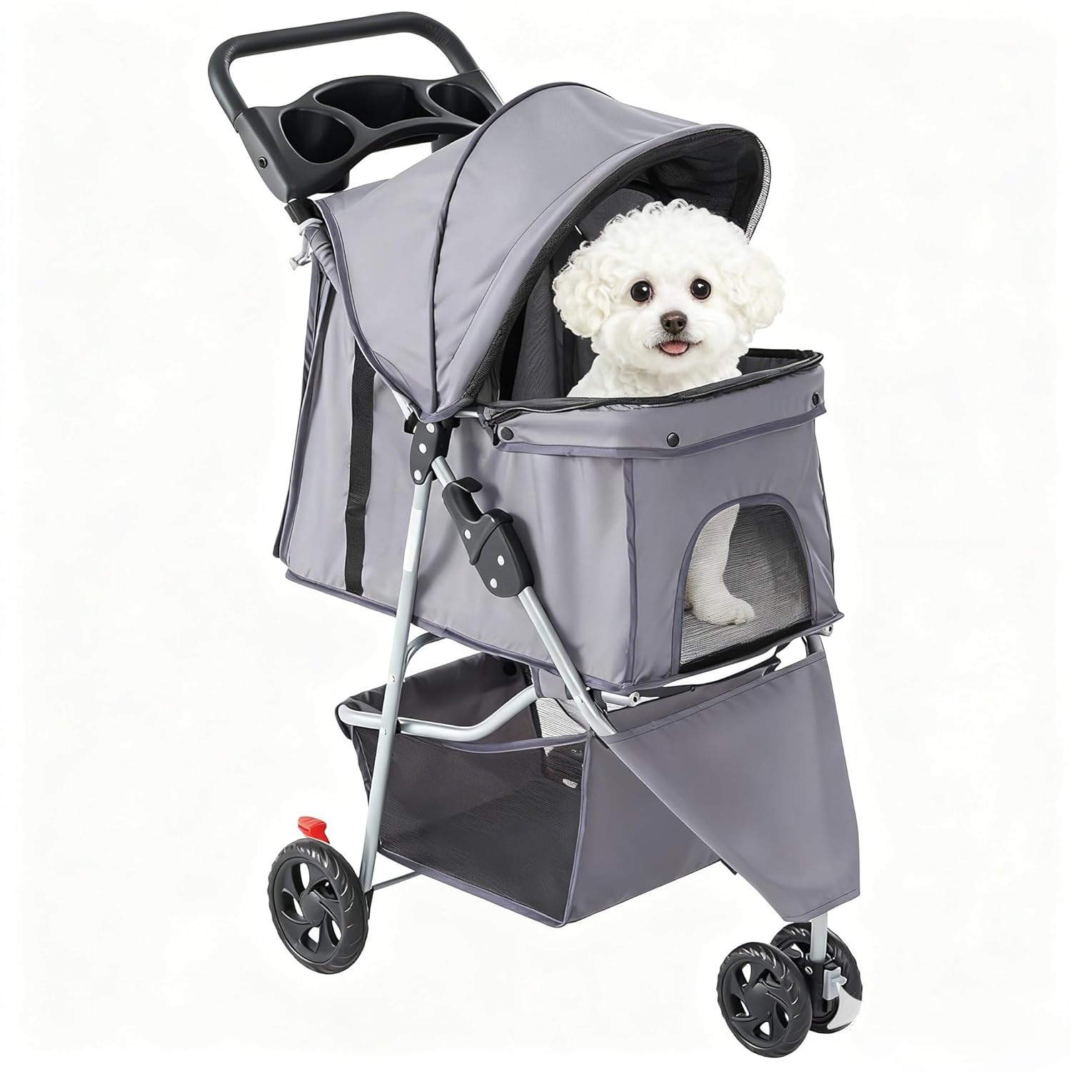 3 Wheels Pet Stroller,Storage Basket and Cup Holder, Breathable Mesh, Waterproof and Foldable for Small/Medium Dogs and Cats Strollers, Lightweight Travel Carrier for Daily Walks & Outdoor，Grey