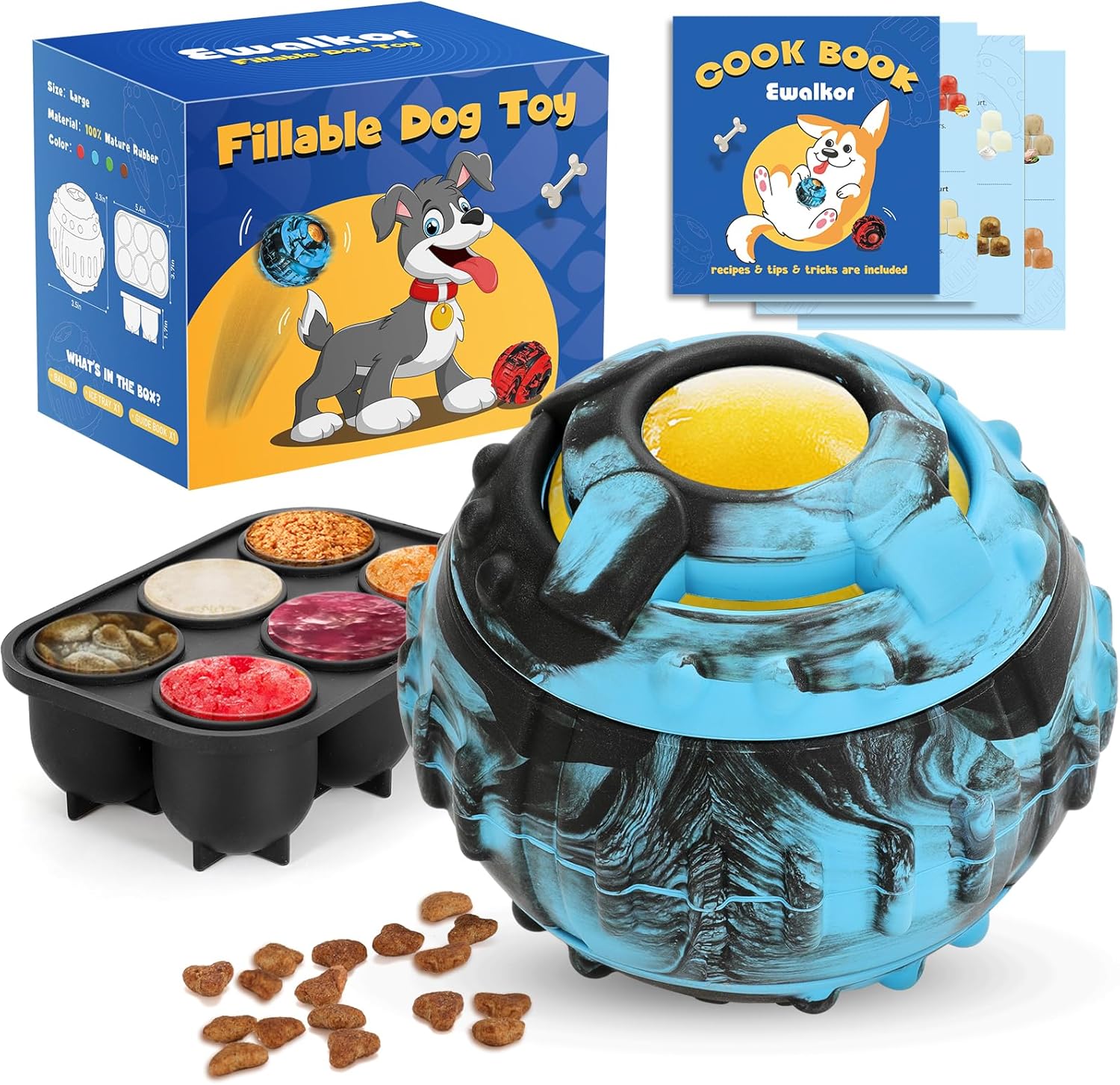 4-IN-1 Dog Toys – Frozen Dog Treat to Keep Them Busy, Treats Puzzle Ball Toy, Interactive Treat Dispensing Dog Toy, Durable Rubber Chew Toys, DIY Freezable Fillable Treat Toy, Mental Enrichment Toys