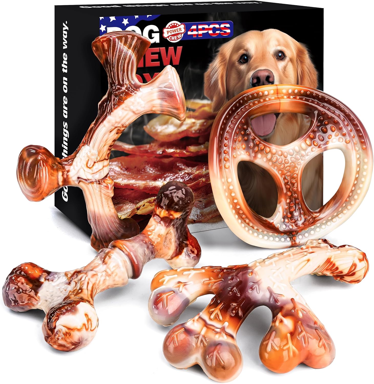 4-Pack Dog Chew Toys for Aggressive Chewers, Indestructible Nylon Bones with Bacon Flavor, Tough Durable Teeth Cleaning Chew Dog Toy for Large Medium Small Breeds