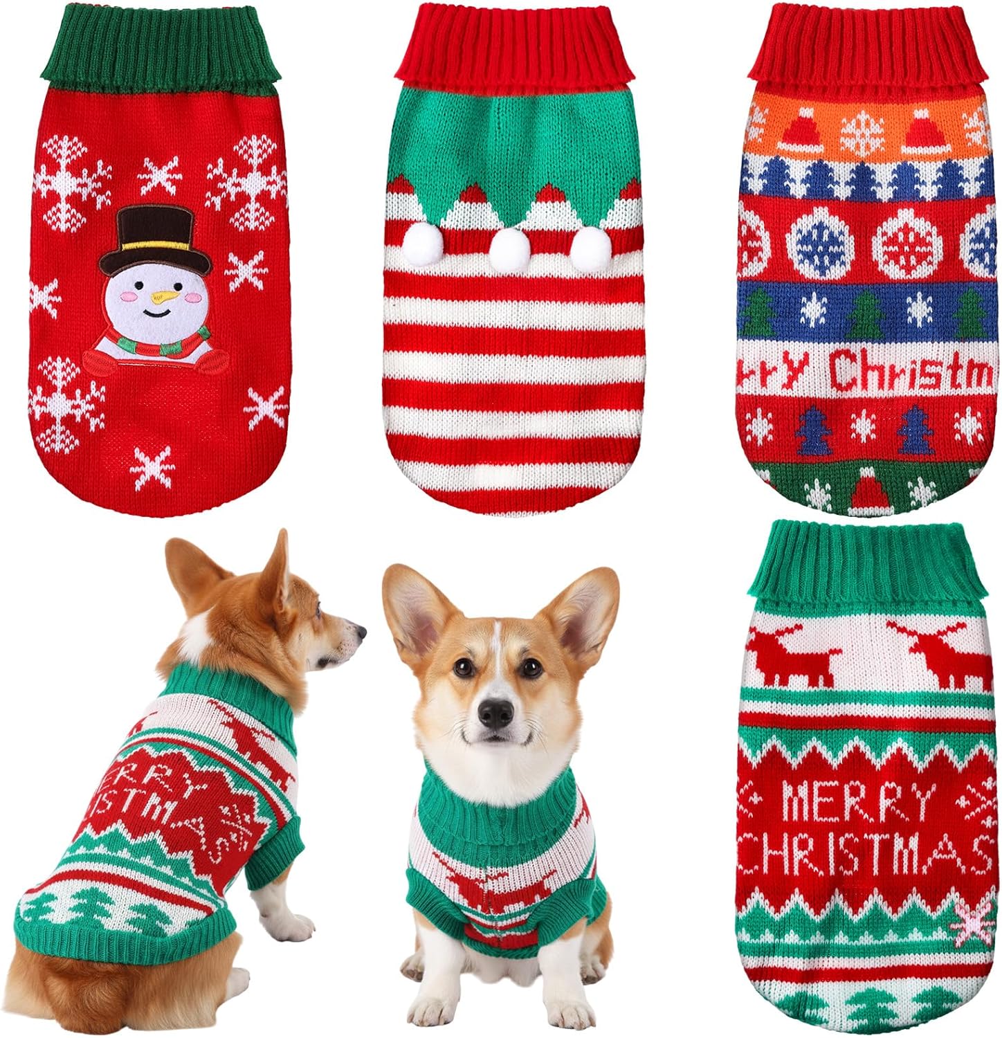 4 Pack Dog Christmas Sweater, Dog Christmas Outfit Holiday Sweater Reindeer Snowman Striped Knitted Clothes for Small Medium Large Doggies Pets(Medium)