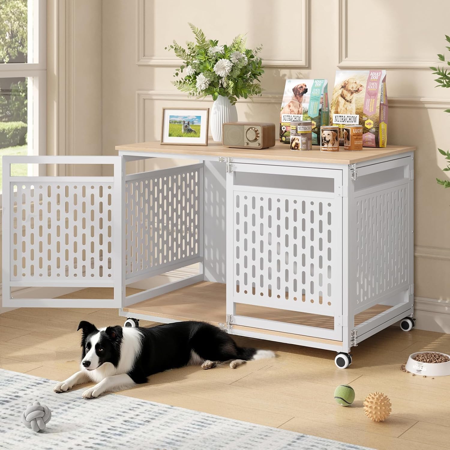 40.1″ Dog Crate Furniture for Medium and Large Breed, Decorative Dog Kennel Indoor with Lockable Wheels, Heavy Duty Wooden End Side Table Pet Cage, Chew-Resistant, White