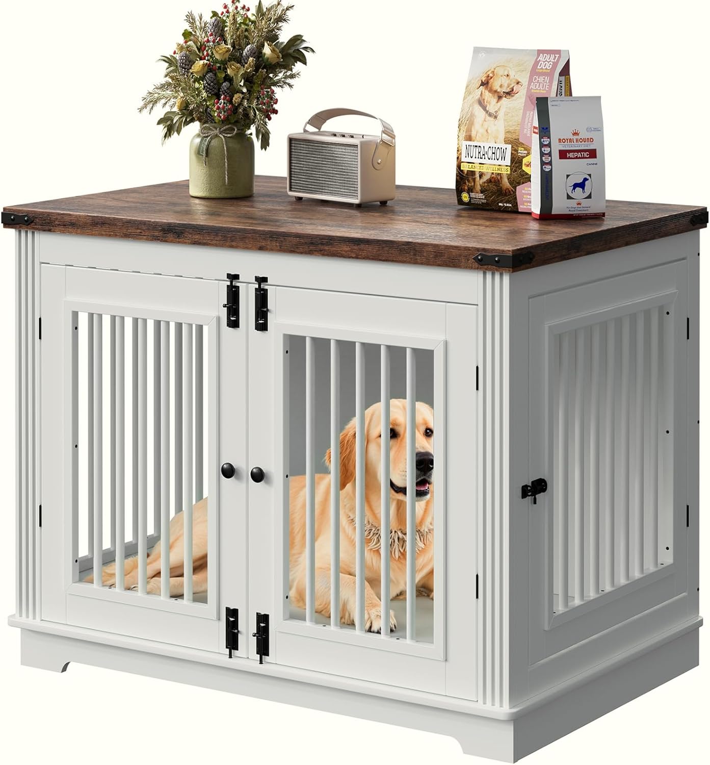 43″ White Dog Crate Furniture with 3 Doors, Wooden Farmhouse Heavy Duty Dog Kennel Furniture for Medium to Large Dogs, Indoor Decorative Dog Crate End Table with Thicker Tabletop