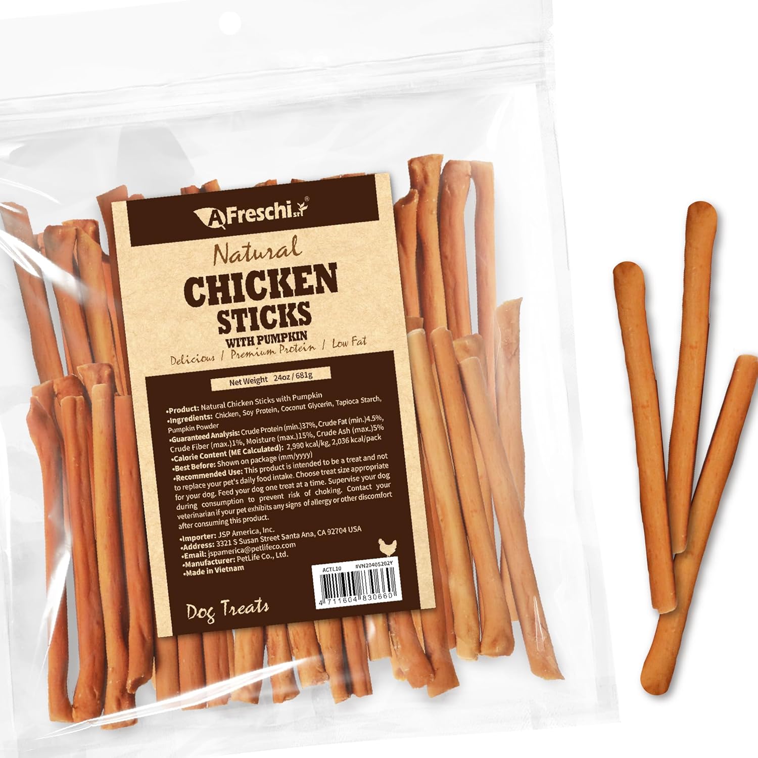 A Freschi srl Chicken Dog Treats, All Natural, Healthy & Easily Digestible, Grain-Free Puppy Chews, Low-Fat, Human Grade Training & Rewards Dog Snacks, Chicken Sticks with Pumpkin, 24 oz Pack