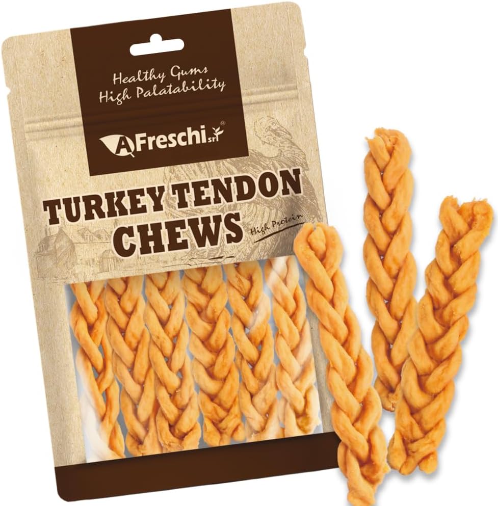 A Freschi srl Turkey Tendons for Dogs, Healthy Dog Treats, Rawhide-Free Puppy Chews, All Natural, Hypoallergenic Dog Treats, USA-Sourced Dog Snack, Dog Biscuit, Braided Sticks, 3.5 oz Pack