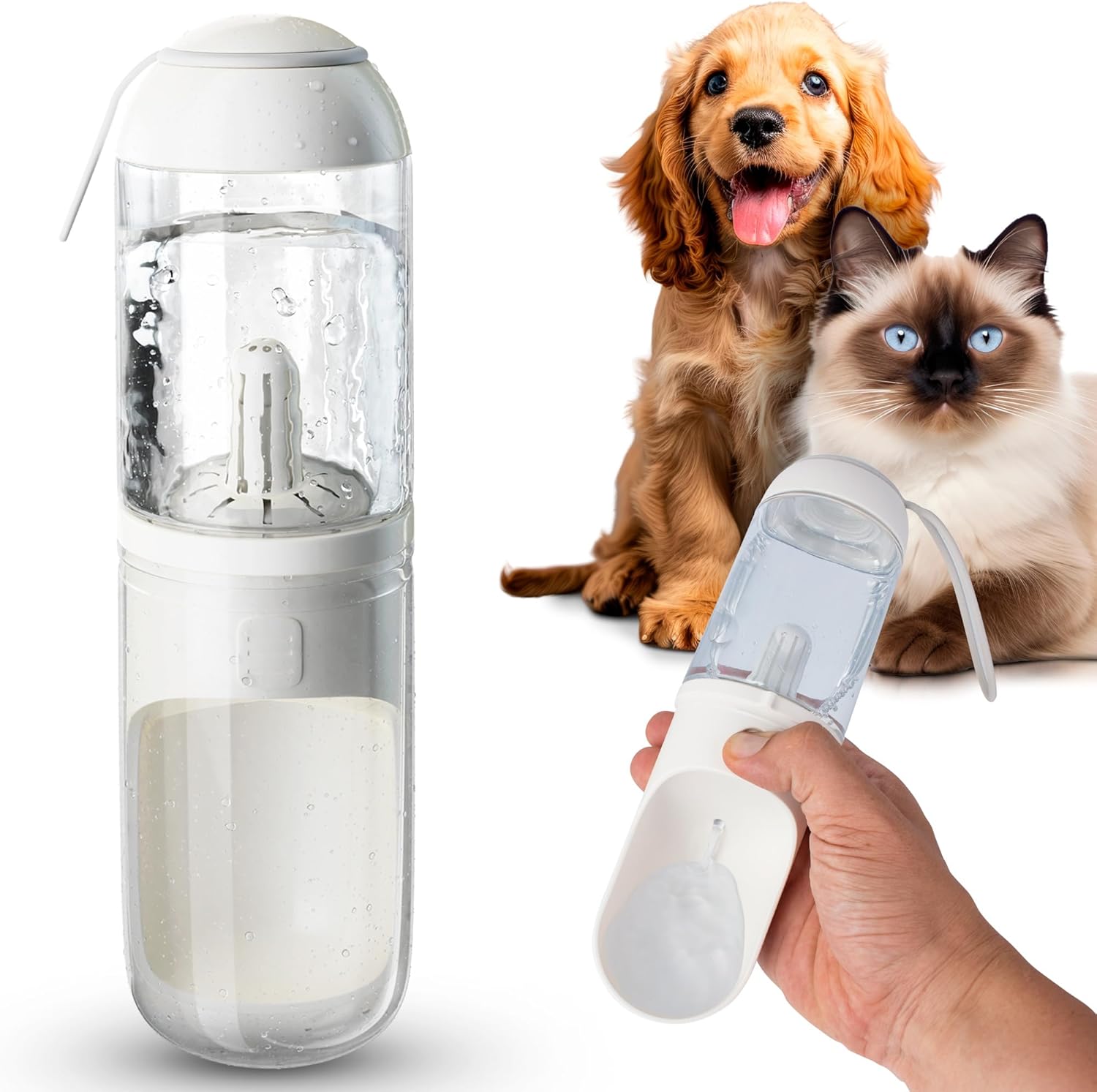 ABC Pack & Supply Dog Water Bottle Dispenser Portable, 12 oz Travel Size, Clear White ABS, One-Hand Button, Silicone Wrist Strap