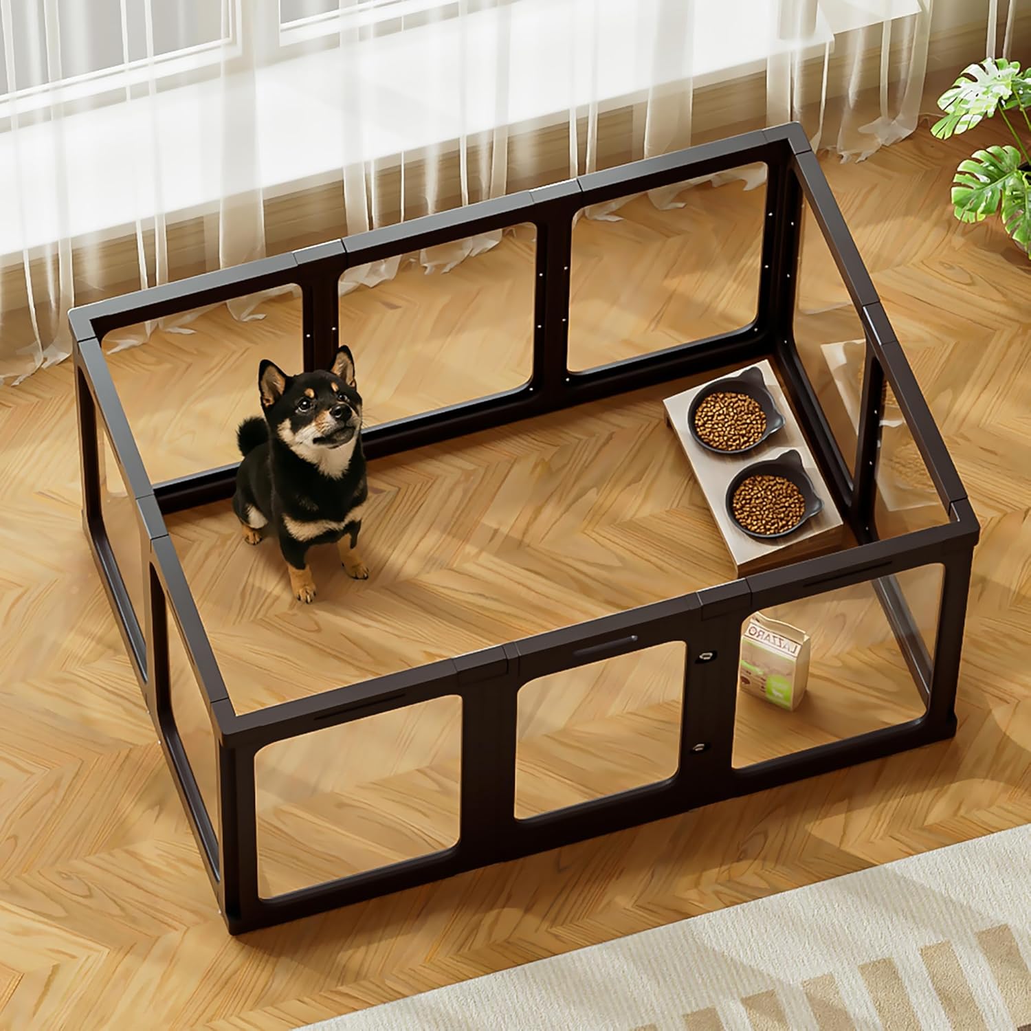 Acrylic Dog Playpen Indoor, 10 PCS Plastic Puppy Playpen with Door, Clear PlayPen for Dog Cat Rabbit Ferret, Preferable Small Dog Cage, Easy Assemble Pet Pen, 50″ L x 33.5″ W x 24″ H, Black