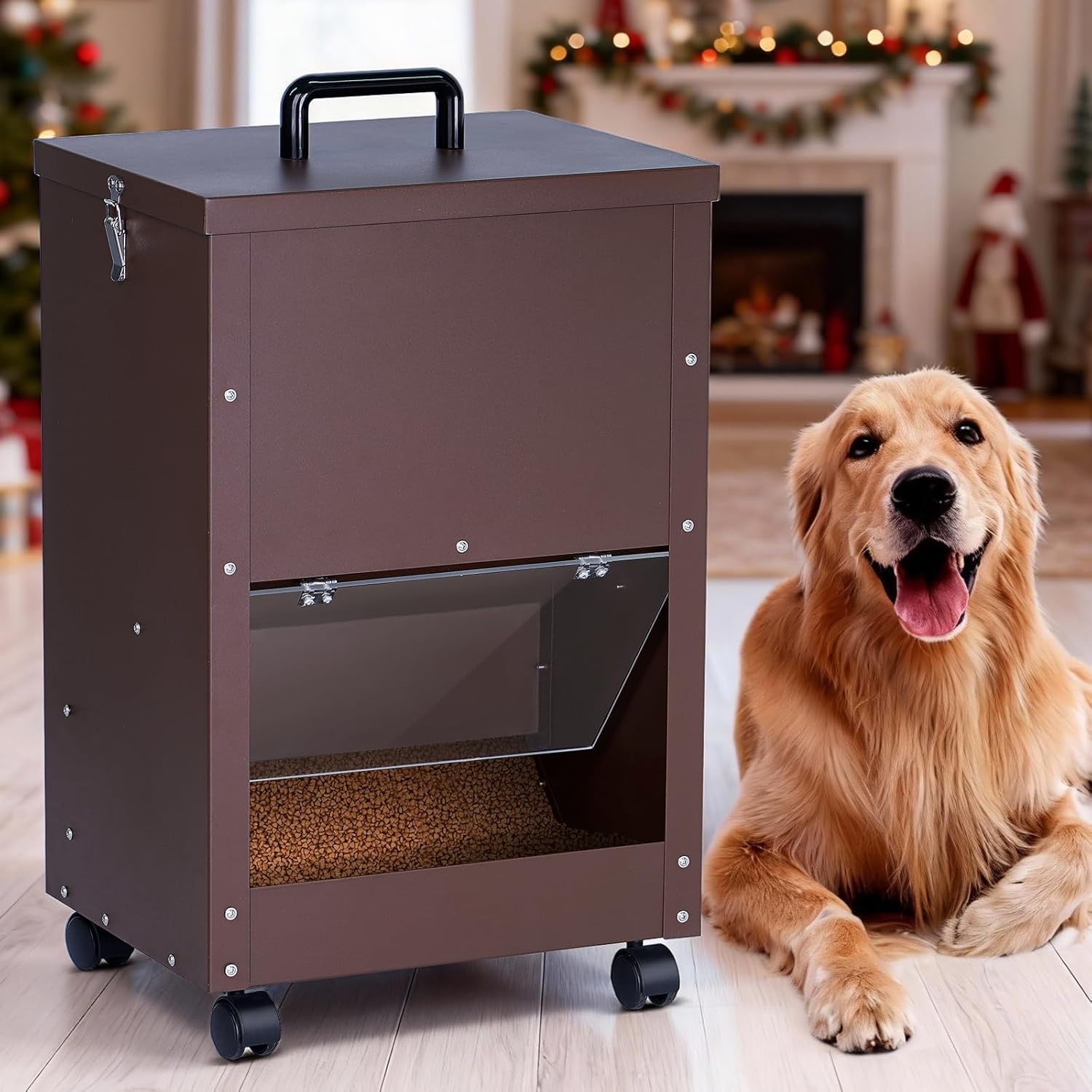 Automatic Dog Feeder Large Breed 30lb Outdoor Dog Food Dispenser for Large Dogs Self Feeding Galvanized Metal Dogs Pets Feeder Gravity Food Feed with Wheels (Brown)